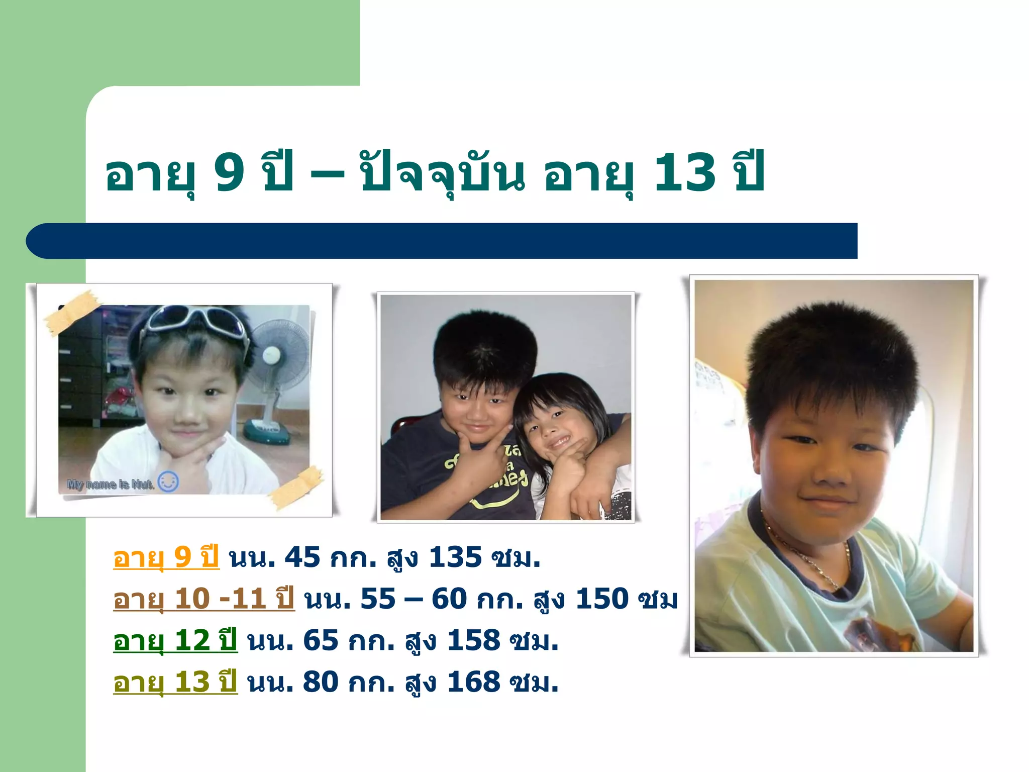 อายุ  9  ปี – ปัจจุบัน อายุ  13  ปี อายุ  9  ปี  นน . 45  กก .  สูง  135  ซม . อายุ  10 -11  ปี  นน . 55 – 60  กก .  สูง  150  ซม . อายุ  12  ปี  นน . 65  กก .  สูง  158  ซม . อายุ  13  ปี  นน . 80  กก .  สูง  168  ซม . 