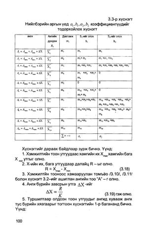 3.3-р хүснэгт
       Нийлбэрийнаргын үед al,bt,a2,b2 коэффициентүүдийг
                     тодорхойлох хүснэгт
       анги      Ангийн   Дэвтамж    Э,-ийг олох           SrHiir опох
                 дундаж      т,           ь,                   ь2
                   X,
                          т,        т,             т,
                 
А, = Д„„-Д„ах+А х7       тг        т,+ тг .       т , +п1, +т г

                 X;       т,        т, +тг +т,     т, +т, +т2 +т, +т2 +т3
. 4 , Д Х                 т4        т, +тг +т3+ 0
                                    т4
                          т5        0           0
                          т6        т,„ +т9 +т3+ 0
                 >ч
                                    т7+т6
                          т,        т,0+т,+т6+т7 тш +т10 +т, +т10 +т9+
                                                 т, +ш10 +т9 +т, +т7
                          т8        т10+т9+т„    т,0 +т,„ +тэ +т,0+ тэ+
                 ^                               ms
д, =             х;       т,        т,0+т,         in» +т10 +т9
  =                                 т.о            %

                          2> ="     (7,            я,


    Хүснэгтийг дараах байдлаар зурж бичнэ. Үүнд:
    1. Хэмжилтийн тоон утгуудаас хамгийн их Х^хамгийн бага
X mm утгыг олно.
   . '
    2. Х-ийн их, бага утгуудаар далайц R - ыг олно.
                 R = Xmax - X min
                              .                     (3.18)
                                                    v
                                                         '
    3. Хэмжилтйн тооноос хамааруулан томъёо /3.10/, /3.11/
болон хүснэгт 3.2-ийг ашиглан ангийн TOO "А" - г олно.
    4. Анги бүрийн завсрын утга д х -ийг
                АХ = —
                      к                       (3.19)гэжолно.
    5. Туршилтаар олдсон тоон утгуудыг ангид хувааж анги
тус бүрийн хязгаарыг тогтоон хүснэгтийн 1-р багананд бичнэ.
Үүнд:
 