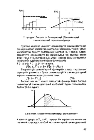 2.1-р зураг. Дискрет (а) ба тасралтгүй (б) санамсаргүй
                хэмжигдэхүүний тархалтын функци


    Зургаас харахад дискрет санамсаргүй хэмжигдэхүүний
функци шатлал хэлбэртэй, шатлалын хэмжээ нь тухайн утгын
магадлалтай тэнцүү, тэдгээрийн нийлбэр нь 1 байна. Харин
тасралтгүй санамсаргүй функцийн хувьд F(x) функци өгсөх
буюу F ( X 2 ) - F(X,) ялгавар X V X 2 утгын завсар дахь магадлалыг
илэрхийлж хдоорхи хэлбэрээр бичигдэх ба
F ( - оо )=0, F ( + оо )=1 утга авна.
          P(Xl <X< X2) =               F{X2)-F{X])
    Тасралтгүй санамсаргүй функцийн хувьд тархалтын
функцийн уламжлал буюу санамсаргүй X хэмжигдэхүүний
тархалтын нягтыг ихэнхдээ ашиглана.
          / ( x ) = F'(x)                             (2.6)
    Тархалтын нягт нэмэх тэмдэгтэй функци байх бөгөөд
санамсаргүй хэмжигдэхүүний хэлбэрийг бүрэн тодорхойлж
байдаг (2.2-р зураг).




       2.2-р зураг. Тасралтгүй санамсаргүй функцийн нягт


х тэнхлэг дээрх х=Х,, х=Х2 шулуун ба тархалтын нягтын ав
шугамын'хоорондох талбай нь санамсаргүй хэмжигдэхүүний
 