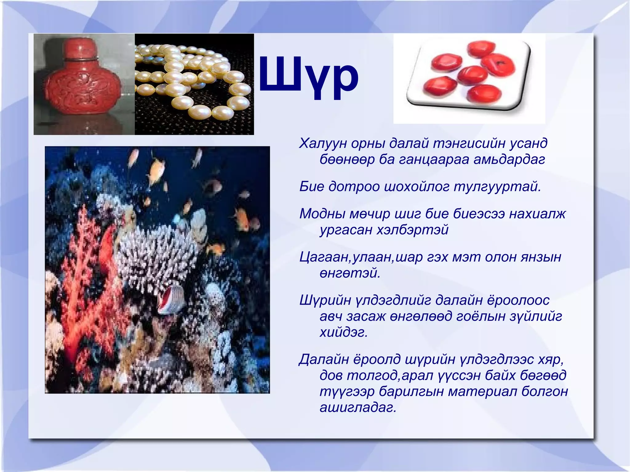 Гол мөрөн,далай тэнгисийн усанд амьдарна. 