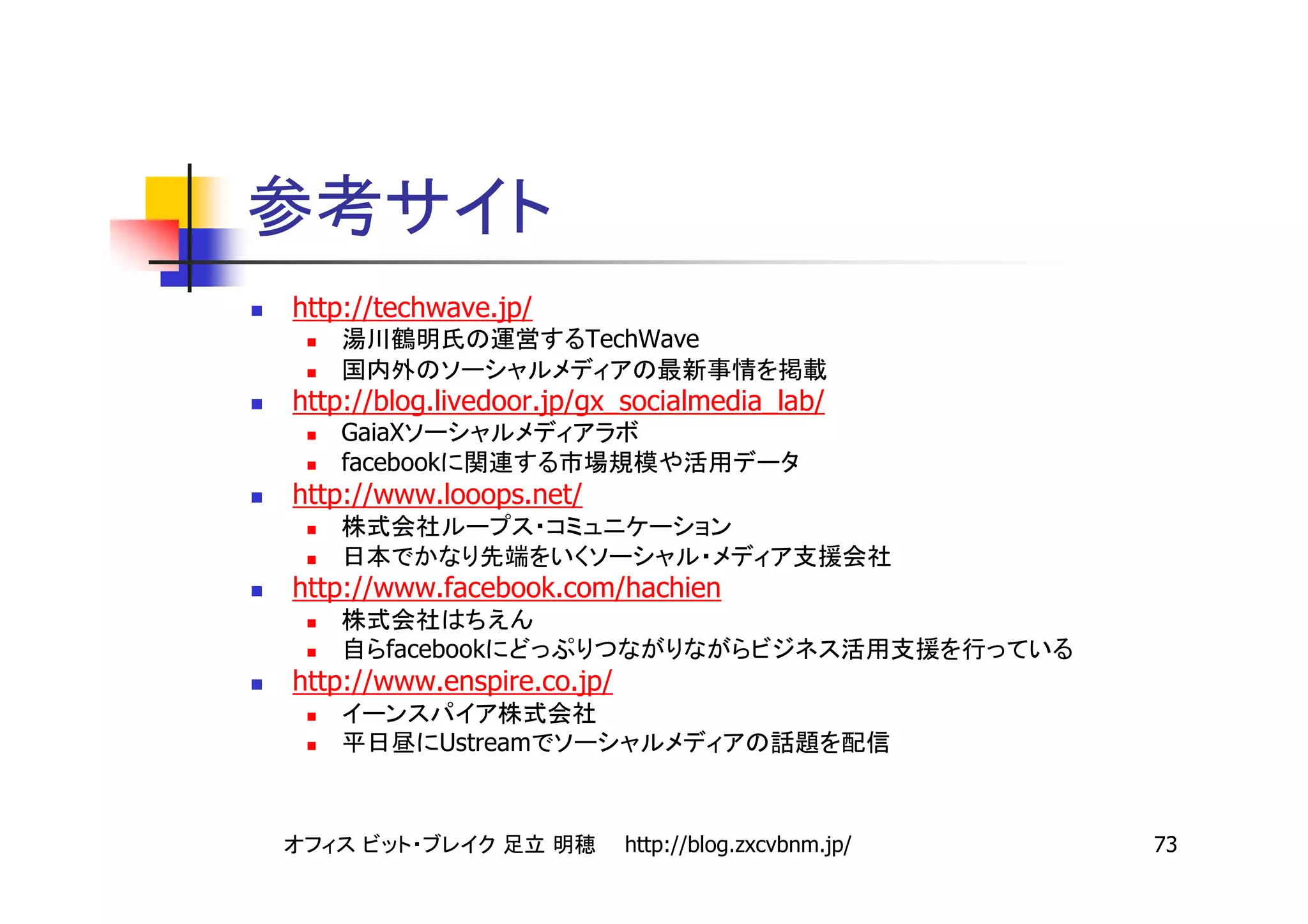 http://techwave.jp/
                         TechWave

http://blog.livedoor.jp/gx_socialmedia_lab/
   GaiaX
   facebook
http://www.looops.net/


http://www.facebook.com/hachien

       facebook
http://www.enspire.co.jp/

           Ustream



                            http://blog.zxcvbnm.jp/   73
 