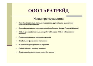 ООО ТАРАТРЕЙД
                 Наши преимущества
Солидный портфель прямых договоров с крупнейшими целлюлозно-
бумажными комбинатами

Сертифицированное прессовочное оборудование фирмы Presona (Швеция)

4000 м2 производственных площадей в Москве и 2000 м2 в Московской
области

Разветвленная сеть приемных пунктов

Стабильное финансовое положение

Высококвалифицированный персонал

Гибкий подход к каждому клиенту

Стратегия долгосрочного сотрудничества
 
