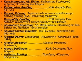 • Κανελλοπούλου Αθ. Ελένη : Καθηγήτρια Γεωλογικού
τμήματος Πανεπιστημίου Αθηνών
• Κούσκουλας Βασίλης:…………….. Καθ. Φυσικής Παν.
(Η.Π.Α.).
• Κουφός Κώστας : Τεράστιο ταλέντο στην καλαθόσφαιρα
διεθνής παίκτης (Δ.Δ. Πιπερίτσας Μεσσήνης)
• Κρεμμυδάς Βασίλης:………………..Καθ. Ιστορίας Παν.
Αθηνών, Διευθυντής Γενικών Αρχείων του Κράτους..
• Λαμπράκης Δημήτριος: Δρ. Μαθηματικών -Πρύτανης επί δύο
θητείες του Παντείου Πανεπιστημίου
• Λαμπροπούλου Μαριλίτα του Γεωργίου σκηνοθέτις και
ηθοποιός
• Λιάππα Φρίντα: Σκηνοθέτης - Λογοτέχνης - Φιλόλογος (1948-
1994).
• Λιναίος Στέφανος …………….. (Σάκης): Ηθοποιός -
Βουλευτής.
• Λιανός Θεόδωρος: ……………….Καθ. Οικονομίας Παν.
Αθηνών.
• Λεβέντης Βασίλης: ……………Πρόεδρος «Κόμματος
Κεντρώων».
 