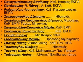 • Παναγιωτόπουλος Βασίλειος: Καθ. Ιστορίας ΕΚΠΑ
• Πανόπουλος Ν. Πάνος : Α. Καθ. ΕΚΠΑ
• Ρούτση Χριστίνα του Ιωαν..Καθ. Πνευμονολογίας
ΕΚΠΑ
• Στυλιανοπούλου Δέσποινα ………Ηθοποιός.
• ΣπυρόπουλοςΚωνσταντίνος:Δήμαρχος Μεσσήνης
Καθ. ΕΜΠ- Τομέας Μηχανικής
• Σπυροπούλου-Στασινάκη Μάρθα:.Καθ. ΕΜΠ
• Στασινάκης Κωνσταντίνος:……….Καθ. ΕΜ.Π.
• Σκλήβα Ειρήνη: ……Μις Κόσμος 1997.
• Στασινόπουλος Μιχαήλ:…. Πρόεδρος Δημοκρατίας .
• Σπανός Νάκης: Ακαδημαϊκός , Καθ. Παν. ΗΠΑ
• Τσακίρογλου Νικήτας: ………….Ηθοποιός.
• Τσερπές Νίκος: Καθ. Μαθηματικών Παν. Πατρών.
• Τσάτουμας Λούης: …Αθλητική Ελπίδα του τόπου
 
