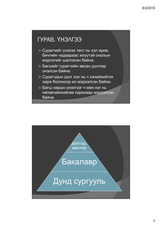 8/2/2010




ГУРАВ. ҮНЭЛГЭЭ
 Сурагчийг үнэлэх тест нь хэл яриа,
  бичгийн чадвараас илүүтэй онолын
  мэдлэгийг шалгасан байна.
 Багшийг сурагчийн авсан дүнгээр
  үнэлсэн байна.
 Сурагчдын дүнг хэн нь ч хэнийхийгээ
  харж болохоор ил мэдээлсэн байна.
 Багш нарын үнэлгээг ч мөн нэг нь
  нөгөөгийнхийгөө харахаар мэдээлсэн
  байна.




                доктор,
                мастер
                     р


           Бакалавр

       Дунд сургууль



                                              7
 