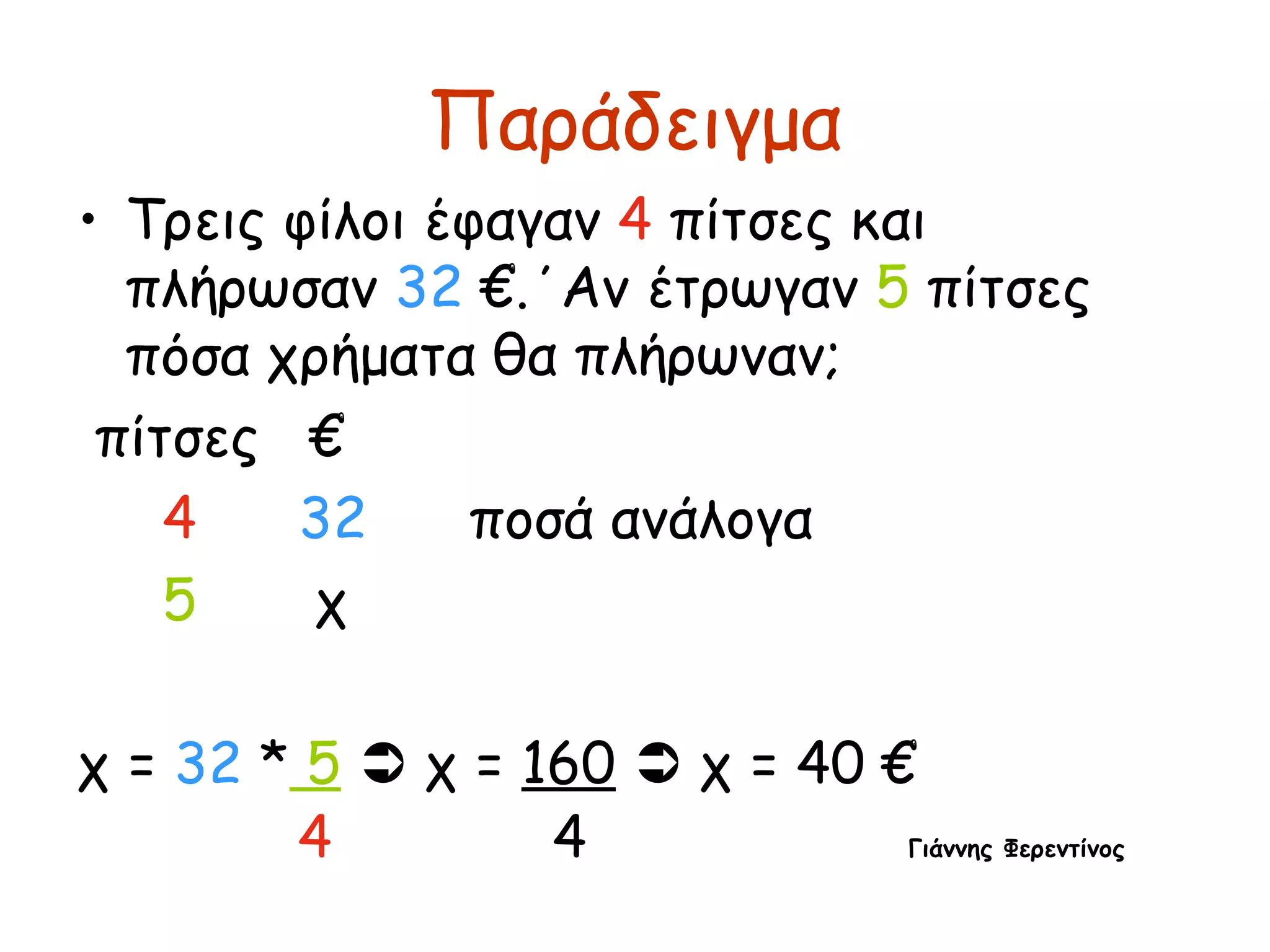 Παράδειγμα Τρεις φίλοι έφαγαν  4  πίτσες και πλήρωσαν  32  €.΄Αν έτρωγαν  5  πίτσες πόσα χρήματα θα πλήρωναν; πίτσες  € 4   32   ποσά ανάλογα 5   χ χ =  32  *  5     χ =  160     χ = 40 € 4   4  Γιάννης Φερεντίνος 