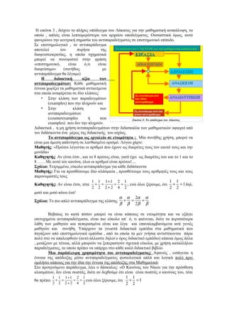 Η εικόνα 3 , δείχνει το πλήρες υπόδειγμα του Λάκατος για την μαθηματική ανακάλυψη, το
οποίο , απλώς είναι λεπτομερέστερο του αρχαίου υποδείγματος. Ουσιαστικά όμως, αυτό
φανερώνει την κεντρική σημασία του αντιπαραδείγματος σε επιστημονικό επίπεδο.
Σε επιστημολογικό , το αντιπαράδειγμα
αποτελεί        τον        πυρήνα      της
διαψευσεοκρατίας, η οποία σχηματικά
μπορεί να συνοψιστεί στην φράση
«επιστημονικό,       είναι    ό,τι   είναι
διαψεύσιμο»       (συνήθως              με
αντιπαράδειγμα θα λέγαμε)
    Η       διδακτική        αξία     των
αντιπαραδειγμάτων: Κάθε μαθηματική
έννοια χωρίζει τα μαθηματικά αντικείμενα
στα οποία αναφέρεται σε δύο κλάσεις:
    • Στην κλάση των παραδειγμάτων
         (examples) που την πληρούν και
    • Στην              κλάση         των
         αντιπαραδειγμάτων
         (counterexamples       ή     non                Εικόνα 3: Το υπόδειγμα του Λάκατος
         examples) που δεν την πληρούν.
Διδακτικά , η μη χρήση αντιπαραδειγμάτων στην διδασκαλία των μαθηματικών αφαιρεί από
τον διδάσκοντα ένα μέρος της διδακτικής του ισχύος.
         Το αντιπαράδειγμα ως εργαλείο σε ετοιμότητα : Μία συνήθης χρήση, μπορεί να
είναι μια άμεση απάντηση σε λανθασμένο ορισμό. Λόγου χάριν:
Μαθητής: «Πρώτοι λέγονται οι αριθμοί που έχουν ως διαιρέτες τους τον εαυτό τους και την
Μαθητής
μονάδα»
Καθηγητής: Αν είναι έτσι , και το 8 πρώτος είναι, γιατί έχει ως διαιρέτες του και το 1 και το
Καθηγητής
8 ……Με αυτό τον κανόνα, όλοι οι αριθμοί είναι πρώτοι!....
Σχόλιο: Τετριμμένο, εύκολο αντιπαράδειγμα για κάθε διδάσκοντα
Μαθητής: Για να προσθέσουμε δύο κλάσματα , προσθέτουμε τους αριθμητές τους και τους
παρονομαστές τους
                                   1 1 1+1 2 1                                      1 1
Καθηγητής: Αν είναι έτσι, τότε + =           = = , ενώ όλοι ξέρουμε, ότι + = 1 δηλ.
                                   2 2 2+2 4 2                                      2 2
μισό και μισό κάνει ένα!
                                                α α 2α α
Σχόλιο: Το πιο απλό αντιπαράδειγμα της κλάσης + =               =
                                                 β β 2β β

        Βεβαίως το κατά πόσον μπορεί να είναι κάποιος σε ετοιμότητα και να εξάγει
επιτυχημένα αντιπαραδείγματα, είναι πιο εύκολο απ΄ ό, τι φαίνεται, διότι τα περισσότερα
λάθη των μαθητών και πεπερασμένα είναι και λίγα και επαναλαμβανόμενα ανά γενιές
μαθητών και συνήθη. Υπάρχουν τα γνωστά διδακτικά εμπόδια στα μαθηματικά που
πηγάζουν από επιστημολογικά εμπόδια , από τα οποία τα μεν γνήσια αντιστέκονται πάρα
πολύ στο να απαλειφθούν (αυτό άλλωστε δηλοί ο όρος διδακτικό εμπόδιο) κάποια όμως άλλα
, μοιάζουν με τέτοια, αλλά μπορούν να ξεπεραστούν σχετικά εύκολα, με χρήση καταλλήλου
παραδείγματος, το οποίο πρέπει να υπάρχει στο κάθε καλό διδακτικό βιβλίο.
        Μια παράπλευρη χρησιμότητα του αντιπαραδείγματος: Αφανώς , εισάγεται η
έννοια της απόδειξης μέσω αντιπαραδείγματος φυσιολογικά απλά και λογικά πολύ πριν
ομιλήσει κάποιος για την ίδια την έννοια της απόδειξης στα Μαθηματικά:
Στο προηγούμενο παράδειγμα, λέει ο δάσκαλος: «Ο Κανόνας του Νίκου για την πρόσθεση
κλασμάτων, δεν είναι σωστός, διότι αν δεχθούμε ότι είναι είναι σωστός ο κανόνας του, τότε
            1 1 1+1 2 1                      1 1
θα πρέπει    + =   = = ενώ όλοι ξέρουμε, ότι  + =1
            2 2 2+2 4 2                      2 2
 