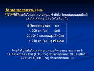 โคเลสเตอรอลรวม  (Total Cholesteral) เป็นค่าที่วัดระดับโคเลสเตอรอลรวม ซึ่งมีทั้ง โคเลสเตอรอลชนิดดี และโคเลสเตอรอลชนิดไม่ดีปนกัน โดยทั่วไประดับโคเลสเตอรอลรวมที่ตรวจพบ จะมาจาก มีโคเลสเตอรอลที่ไม่ดี  (LDL-Cho)  ประมาณร้อยละ  70  และเป็นไขมันชนิดที่ดี (HDL-Cho)  ประมาณร้อยละ  17 ค่าโคเลสเตอรอล < 200  มก ./ ดล . ผล 201-2 40   มก ./ ดล . ปกติ สูงเล็กน้อย > 240  มก ./ ดล . สูงชัดเจน 