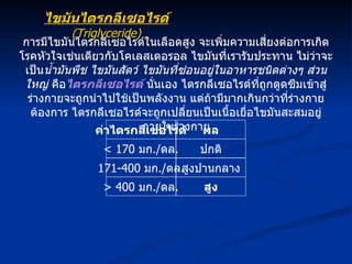 การมีไขมันไตรกลีเซอไรด์ในเลือดสูง จะเพิ่มความเสี่ยงต่อการเกิดโรคหัวใจเช่นเดียวกับโคเลสเตอรอล ไขมันที่เรารับประทาน ไม่ว่าจะเป็น น้ำมันพืช ไขมันสัตว์ ไขมันที่ซ่อนอยู่ในอาหารชนิดต่างๆ ส่วนใหญ่  คือ ไตรกลีเซอไรด์  นั่นเอง ไตรกลีเซอไรด์ที่ถูกดูดซึมเข้าสู่ร่างกายจะถูกนำไปใช้เป็นพลังงาน แต่ถ้ามีมากเกินกว่าที่ร่างกายต้องการ ไตรกลีเซอไรด์จะถูกเปลี่ยนเป็นเนื้อเยื่อไขมันสะสมอยู่ภายในร่างกาย ไขมันไตรกลีเซอไรด์   (Triglyceride) ค่าไตรกลีเซอไรด์ < 170  มก ./ ดล . ผล 171-400  มก ./ ดล . ปกติ สูงปานกลาง > 400  มก ./ ดล . สูง 