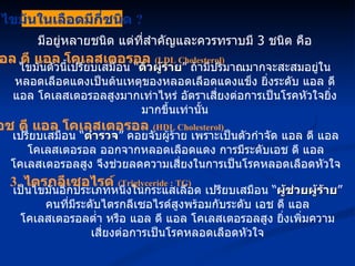 มีอยู่หลายชนิด แต่ที่สำคัญและควรทราบมี  3  ชนิด คือ ไขมันในเลือดมีกี่ชนิด  ? ไขมันตัวนี้เปรียบเสมือน “ ตัวผู้ร้าย ” ถ้ามีปริมาณมากจะสะสมอยู่ในหลอดเลือดแดงเป็นต้นเหตุของหลอดเลือดแดงแข็ง ยิ่งระดับ แอล ดี แอล โคเลสเตอรอลสูงมากเท่าไหร่ อัตราเสี่ยงต่อการเป็นโรคหัวใจยิ่งมากขึ้นเท่านั้น 1.  แอล ดี แอล โคเลสเตอรอล  (LDL Cholesterol) เปรียบเสมือน “ ตำรวจ ” คอยจับผู้ร้าย เพราะเป็นตัวกำจัด แอล ดี แอล โคเลสเตอรอล ออกจากหลอดเลือดแดง การมีระดับเอช ดี แอล โคเลสเตอรอลสูง จึงช่วยลดความเสี่ยงในการเป็นโรคหลอดเลือดหัวใจ 2.  เอช ดี แอล โคเลสเตอรอล  (HDL Cholesterol) เป็นไขมันอีกประเภทหนึ่งในกระแสเลือด เปรียบเสมือน “ ผู้ช่วยผู้ร้าย ” คนที่มีระดับไตรกลีเซอไรด์สูงพร้อมกับระดับ เอช ดี แอล โคเลสเตอรอลต่ำ หรือ แอล ดี แอล โคเลสเตอรอลสูง ยิ่งเพิ่มความเสี่ยงต่อการเป็นโรคหลอดเลือดหัวใจ 3.  ไตรกลีเซอไรด์  (Triglyceride : TG) 