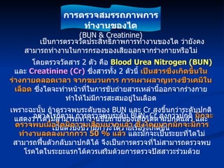 เป็นการตรวจวัดประสิทธิภาพการทำงานของไต ว่ายังคงสามารถทำงานในการกรองของเสียออกจากร่างกายหรือไม่ โดยตรวจวัดสาร  2  ตัว คือ  Blood Urea Nitrogen (BUN)   และ  Creatinine (Cr)   ซึ่งสารทั้ง  2  ตัวนี้  เป็นสารซึ่งเกิดขึ้นในร่างกายตลอดเวลา จากขบวนการ การเผาผลาญทางชีวเคมีในเลือด  ซึ่งไตจะทำหน้าที่ในการขับถ่ายสารเหล่านี้ออกจากร่างกาย ทำให้ไม่มีการสะสมอยู่ในเลือด เพราะฉะนั้น ถ้าตรวจพบระดับของ  BUN  และ  Cr  สูงขึ้นกว่าระดับปกติ แสดงว่าไตไม่สามารถทำงานขับถ่ายของเสียได้ตามปกติแล้ว และเป็นตัวบ่งชี้ว่ามีภาวะไตวายเรื้อรังเกิดขึ้น อย่างไรก็ตาม การตรวจพบระดับ  BUN, Cr  สูงกว่าปกติ  มักจะตรวจพบเมื่อไตมีความเสื่อมมากแล้ว ซึ่งโดยมากมักจะมีการทำงานลดลงมากกว่า  50 %  แล้ว  และมักจะเป็นระยะที่ไตไม่สามารถฟื้นตัวกลับมาปกติได้ จึงเป็นการตรวจที่ไม่สามารถตรวจพบโรคไตในระยะแรกได้ควรเสริมด้วยการตรวจปัสสาวะร่วมด้วย การตรวจสมรรถภาพการทำงานของไต (BUN & Creatinine) 