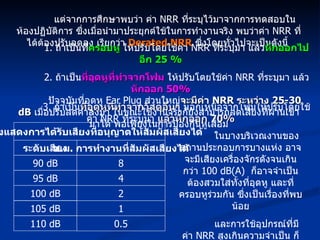 แต่จากการศึกษาพบว่า ค่า  NRR  ที่ระบุไว้มาจากการทดสอบในห้องปฏิบัติการ ซึ่งเมื่อนำมาประยุกต์ใช้ในการทำงานจริง พบว่าค่า  NRR  ที่ได้ต้องปรับลดลง เรียกว่า  Derated NRR   ซึ่งโดยทั่วไปจะเป็นดังนี้  1.  ถ้าเป็นที่ ครอบหู  ให้ปรับโดยใช้ค่า  NRR  ทีระบุมา แล้ว หักออกไปอีก  25 % 2.  ถ้าเป็น ที่อุดหูที่ทำจากโฟม  ให้ปรับโดยใช้ค่า  NRR  ที่ระบุมา แล้ว หักออก  50% 3.  ถ้าเป็น ที่อุดหูที่ทำจากวัสดุอื่นๆ  นอกเหนือจากโฟมให้ปรับโดยใช้ค่า  NRR  ที่ระบุมา  แล้วหักออก  70% ปัจจุบันที่อุดหู  Ear Plug  ส่วนใหญ่ จะมีค่า  NRR  ระหว่าง  25-30 dB   เมื่อปรับลดค่าลงมา ในขณะใช้งานจริงก็ยังสามารถลดเสียงที่ผ่านเข้ามาได้ พอเพียงในการป้องกันหูเสื่อม ระดับเสียง 90 dB 95 dB 100 dB 105 dB ช . ม .  การทำงานที่สัมผัสเสียงได้ 8 4 2 1 110 dB 0.5 ตารางแสดงการได้รับเสียงที่อนุญาตให้สัมผัสเสียงได้ ในบางบริเวณงานของสถานประกอบการบางแห่ง อาจจะมีเสียงเครื่องจักรดังจนเกินกว่า  100 dB(A)  ก็อาจจำเป็นต้องสวมใส่ทั้งที่อุดหู และที่ครอบหูร่วมกัน ซึ่งเป็นเรื่องที่พบน้อย และการใช้อุปกรณ์ที่มีค่า  NRR  สูงเกินความจำเป็น ก็อาจจะมีผลเสียในการที่ไปลดการรับฟังเสียงในการสนทนาไปด้วย 