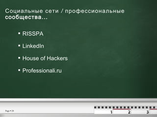 Социальные сети / профессиональные сообщества...  <ul><li>RISSPA </li></ul><ul><li>LinkedIn  </li></ul><ul><li>House of Ha...