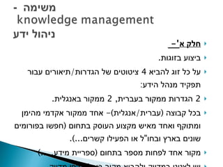 חלק א '-  ביצוע בזוגות . על כל זוג להביא  4  ציטוטים של הגדרות / תיאורים עבור תפקיד מנהל הידע : 2  הגדרות ממקור בעברית , 2  ממקור באנגלית . בכל קבוצה  ( עברית / אנגלית )-  אחד ממקור אקדמי מהימן ומתוקף ואחד מאיש מקצוע העוסק בתחום  ( חפשו בפורומים שונים בארץ ובחו " ל או הפעילו קשרים ...). מקור אחד לפחות מספר בתחום  ( ספריית מידע .....) יש לצטט במדויק ולהביא מקור ביבליוגרפי מדויק . 