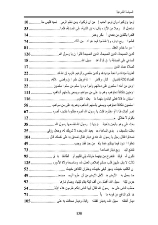 ‫ﺍﻟﺴﻴﺎﺳﺔ ﺍﻟﺸﺮﻋﻴﺔ‬

‫ﺍﺭﻣﻮﺍ ﻭﺍﺭﻛﺒﻮﺍ، ﻭﺃﻥ ﺗﺮﻣﻮﺍ ﺃﺣﺐ ﺇﱄ ﻣﻦ ﺃﻥ ﺗﺮﻛﺒﻮﺍ، ﻭﻣﻦ ﺗﻌﻠﻢ ﺍﻟﺮﻣﻲ ﰒ ﻧﺴﻴﻪ ﻓﻠﻴﺲ ﻣﻨﺎ ........... 01‬
‫ﺍﺳﺘﻌﻤﻞ ﺍﻟﻨﱯ ﺭﺟﻼ ﻣﻦ ﺍﻷﺯﺩ، ﻳﻘﺎﻝ ﻟﻪ ﺍﺑﻦ ﺍﻟﻠﺘﺒﻴﺔ، ﻋﻠﻰ ﺍﻟﺼﺪﻗﺔ، ﻓﻠﻤﺎ ............................. 33‬
‫ﺍﻗﺘﺪﻭﺍ ﺑﺎﻟﻠﺬﻳﻦ ﻣﻦ ﺑﻌﺪﻱ ﺃﰊ ﺑﻜﺮ ﻭﻋﻤﺮ........................................................... 41‬
‫ﺍﻗﻄﻌﻮﺍ ﰲ ﺭﺑﻊ ﺩﻳﻨﺎﺭ، ﻭﻻ ﺗﻘﻄﻌﻮﺍ ﻓﻴﻤﺎ ﻫﻮ ﺃﺩﱏ ﻣﻦ ﺫﻟﻚ .......................................... 47‬
‫ﺍﳋﻤﺮ ﻣﺎ ﺧﺎﻣﺮ ﺍﻟﻌﻘﻞ ............................................................................. 18‬
‫ﺍﻟﺪﻳﻦ ﺍﻟﻨﺼﻴﺤﺔ، ﺍﻟﺪﻳﻦ ﺍﻟﻨﺼﻴﺤﺔ، ﺍﻟﺪﻳﻦ ﺍﻟﻨﺼﻴﺤﺔ ﻗﺎﻟﻮﺍ ﳌﻦ ﻳﺎ ﺭﺳﻮﻝ ﺍﷲ .......................... 621‬
‫ﺍﻟﺴﺎﻋﻲ ﻋﻠﻰ ﺍﻟﺼﺪﻗﺔ ﺑﺎﳊﻖ ﻛﺎﺠﻤﻟﺎﻫﺪ ﰲ ﺳﺒﻴﻞ ﺍﷲ ................................................. 81‬
‫ﺍﻟﺼﻼﺓ ﻋﻤﺎﺩ ﺍﻟﺪﻳﻦ ............................................................................... 71‬
‫ﺍﻟﻌﺎﺭﻳﺔ ﻣﺆﺩﺍﺓ، ﻭﺍﳌﻨﺤﺔ ﻣﺮﺩﻭﺩﺓ، ﻭﺍﻟﺪﻳﻦ ﻣﻘﻀﻲ ﻭﺍﻟﺰﻋﻴﻢ ﻏﺎﺭﻡ، ﺇﻥ ﺍﷲ ﻗﺪ .......................... 22‬
‫ﺍﻟﻘﻀﺎﺓ ﺛﻼﺛﺔ ﻗﺎﺿﻴﺎﻥ ﰲ ﺍﻟﻨﺎﺭ، ﻭﻗﺎﺽ ﰲ ﺍﳉﻨﺔ ﻓﺮﺟﻞ ﻋﻠﻢ ﺍﳊﻖ ﻭﻗﻀﻰ ﲞﻼﻓﻪ، .................... 11‬
‫ﺍﳌﺆﻣﻦ ﻣﻦ ﺃﻣﻨﻪ ﺍﳌﺴﻠﻤﻮﻥ ﻋﻠﻰ ﺩﻣﺎﺋﻬﻢ ﻭﺃﻣﻮﺍﳍﻢ، ﻭﺍﳌﺴﻠﻢ ﻣﻦ ﺳﻠﻢ ﺍﳌﺴﻠﻤﻮﻥ ....................... 22‬
‫ﺍﳌﺆﻣﻨﻮﻥ ﺗﺘﻜﺎﻓﺄ ﺩﻣﺎﺅﻫﻢ، ﻭﻫﻢ ﻳﺪ ﻋﻠﻰ ﻣﻦ ﺳﻮﺍﻫﻢ، ﻭﻳﺴﻌﻰ ﺑﺬﻣﺘﻬﻢ ﺃﺩﻧﺎﻫﻢ، .................... 111‬
‫ﺍﳌﺴﺘﺒﺎﻥ ﻣﺎ ﻗﺎﻻ ﻓﻌﻠﻰ ﺍﻟﺒﺎﺩﺉ ﻣﻨﻬﻤﺎ ﻣﺎ ﱂ ﻳﻌﺘﺪ ﺍﳌﻈﻠﻮﻡ ........................................... 611‬
‫ﺍﳌﺴﻠﻤﻮﻥ ﺗﺘﻜﺎﻓﺄ ﺩﻣﺎﺅﻫﻢ، ﻭﻳﺴﻌﻰ ﺑﺬﻣﺘﻬﻢ ﺃﺩﻧﺎﻫﻢ، ﻭﻫﻢ ﻳﺪ ﻋﻠﻰ ﻣﻦ ﺳﻮﺍﻫﻢ، ..................... 85‬
‫ﺍﻧﺼﺮ ﺃﺧﺎﻙ ﻇﺎﳌﺎ ﺃﻭ ﻣﻈﻠﻮﻣﺎ ﻗﻠﺖ ﻳﺎ ﺭﺳﻮﻝ ﺍﷲ ﺃﻧﺼﺮﻩ ﻣﻈﻠﻮﻣﺎ ﻓﻜﻴﻒ ﺃﻧﺼﺮﻩ ...................... 76‬
‫ﺑﺄﻗﻮﺍﻡ ﻻ ﺧﻼﻕ ﳍﻢ ............................................................................... 21‬
‫ﺑﻌﺚ ﻋﻠﻲ ﻭﻫﻮ ﺑﺎﻟﻴﻤﻦ ﺑﺬﻫﻴﺒﺔ ﰲ ﺗﺮﺑﺘﻬﺎ ﺇﱃ ﺭﺳﻮﻝ ﺍﷲ ﻓﻘﺴﻤﻬﺎ ﺭﺳﻮﻝ ﺍﷲ ........................ 83‬
‫ﺑﻌﺜﺖ ﺑﺎﻟﺴﻴﻒ ﺑﲔ ﻳﺪﻱ ﺍﻟﺴﺎﻋﺔ، ﺣﱴ ﻳﻌﺒﺪ ﺍﷲ ﻭﺣﺪﻩ ﻻ ﺷﺮﻳﻚ ﻟﻪ، ﻭﺟﻌﻞ ﺭﺯﻗﻲ ................. 52‬
‫ﺗﺼﺪﻗﻮﺍ ﻓﻘﺎﻝ ﺭﺟﻞ ﻳﺎ ﺭﺳﻮﻝ ﺍﷲ ﻋﻨﺪﻱ ﺩﻳﻨﺎﺭ ﻓﻘﺎﻝ ﺗﺼﺪﻕ ﺑﻪ ﻋﻠﻰ ﻧﻔﺴﻚ ﻗﺎﻝ ................. 401‬
‫ﺗﻌﺎﻓﻮﺍ ﺍﳊﺪﻭﺩ ﻓﻴﻤﺎ ﺑﻴﻨﻜﻢ، ﻓﻤﺎ ﺑﻠﻐﲏ ﻣﻦ ﺣﺪ ﻓﻘﺪ ﻭﺟﺐ .......................................... 94‬
‫ﺗﻘﻄﻊ ﺍﻟﻴﺪ ﰲ ﺭﻳﻊ ﺩﻳﻨﺎﺭ ﻓﺼﺎﻋﺪﺍ .................................................................. 37‬
‫ﺗﻜﻮﻥ ﺃﻣﱵ ﻓﺮﻗﺘﲔ ﻓﺘﺨﺮﺝ ﻣﻦ ﺑﻴﻨﻬﻤﺎ ﻣﺎﺭﻗﺔ، ﻳﻠﻲ ﻗﺘﻠﻬﻢ ﺃﻭﱃ ﺍﻟﻄﺎﺋﻔﺘﲔ ﺑﺎﳊﻖ ...................... 59‬
‫ﺛﻼﺙ ﻻ ﻳﻐﻞ ﻋﻠﻴﻬﻦ ﻗﻠﺐ ﻣﺴﻠﻢ ﺇﺧﻼﺹ ﺍﻟﻌﻤﻞ ﷲ، ﻭﻣﻨﺎﺻﺤﺔ ﻭﻻﺓ ﺍﻷﻣﻮﺭ، .................... 521‬
‫ﲦﻦ ﺍﻟﻜﻠﺐ ﺧﺒﻴﺚ، ﻭﻣﻬﺮ ﺍﻟﺒﻐﻲ ﺧﺒﻴﺚ، ﻭﺣﻠﻮﺍﻥ ﺍﻟﻜﺎﻫﻦ ﺧﺒﻴﺚ .................................. 25‬
‫ﺣﺪ ﻳﻌﻤﻞ ﺑﻪ ﰲ ﺍﻷﺭﺽ ﺧﲑ ﻷﻫﻞ ﺍﻷﺭﺽ ﻣﻦ ﺃﻥ ﳝﻄﺮﻭﺍ ﺃﺭﺑﻌﲔ ﺻﺒﺎﺣﺎ........................... 94‬
‫ﺣﺮﺱ ﻟﻴﻠﺔ ﰲ ﺳﺒﻴﻞ ﺍﷲ، ﺃﻓﻀﻞ ﻣﻦ ﺃﻟﻒ ﻟﻴﻠﺔ ﻳﻘﺎﻡ ﻟﻴﻠﻬﺎ، ﻭﻳﺼﺎﻡ ﻬﻧﺎﺭﻫﺎ ............................ 29‬
‫ﺧﻄﺐ ﺍﻟﻨﺎﺱ ﻋﻠﻰ ﻣﻨﱪ ﺭﺳﻮﻝ ﺍﷲ ﻓﻘﺎﻝ ﺃﻳﻬﺎ ﺍﻟﻨﺎﺱ ﺇﻧﻜﻢ ﺗﻘﺮﺀﻭﻥ ﻫﺬﻩ ﺍﻵﻳﺔ........................ 45‬
‫ﺧﲑﻛﻢ ﺍﻟﺪﺍﻓﻊ ﻋﻦ ﻗﻮﻣﻪ ﻣﺎ ﱂ ﻳﺄﰒ................................................................. 17‬
‫ﺩﻳﻨﺎﺭ ﺃﻧﻔﻘﺘﻪ ﰲ ﺳﺒﻴﻞ ﺍﷲ، ﻭﺩﻳﻨﺎﺭ ﺃﻧﻔﻘﺘﻪ ﰲ ﺭﻗﺒﺔ، ﻭﺩﻳﻨﺎﺭ ﺻﺪﻗﺖ ﺑﻪ ﻋﻠﻰ ........................ 501‬

                                              ‫831‬
 