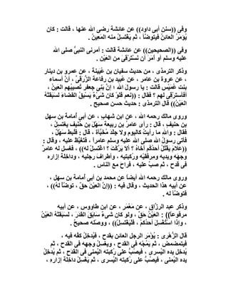 ‫وﻓﻰ ))ﺳﻨﻦ أﺑﻰ داود(( ﻋﻦ ﻋﺎﺋﺸﺔ رﺿﻰ اﷲ ﻋﻨﮭﺎ ، ﻗﺎﻟﺖ : ﻛﺎن‬
                    ‫ُﺆ َ ُ اﻟﻌﺎ ِﻦ ﻓﯿﺘﻮ ﱠﺄ ، ﺛﻢ ﯾَﻐْﺘﺴِﻞ ﻣﻨﮫ اﻟﻤﻌِﯿﻦ .‬
                      ‫َ ُ‬         ‫َ ُ‬            ‫ﺿ‬      ‫ﯾ ﻣﺮ ﺋ ُ‬
     ‫وﻓﻰ ))اﻟﺼﺤﯿﺤﯿﻦ(( ﻋﻦ ﻋﺎﺋﺸﺔ ﻗﺎﻟﺖ : أﻣﺮﻧﻰ اﻟﻨﺒﻰ ﺻﻠﻰ اﷲ‬
            ‫ﱡ‬
                     ‫ﻋﻠﯿﮫ وﺳﻠﻢ أو َﻣﺮَ أن ﻧَﺴْ َﺮ ِﻰ ﻣﻦ اﻟﻌﯿْﻦ .‬
                          ‫َ‬      ‫ﺘ ْﻗ َ‬          ‫أَ‬
 ‫وذﻛﺮ اﻟﺘﺮﻣﺬى ، ﻣﻦ ﺣﺪﯾﺚ ﺳﻔﯿﺎن ﺑﻦ ُ َﯿﻨﺔ ، ﻋﻦ ﻋﻤﺮو ﺑﻦ دﯾﻨﺎر‬
                        ‫ﻋﯿ َ‬
   ‫، ﻋﻦ ﻋﺮوة ﺑﻦ ﻋﺎﻣﺮ ، ﻋﻦ ُﺒﯿﺪ ﺑﻦ رﻓﺎﻋﺔ اﻟ ﱡرَﻗﻰ ، أن أﺳﻤﺎء‬
           ‫ﺰ ﱢ ﱠ‬                     ‫ﻋ‬
  ‫ﺑﻨﺖ ُﻤَﯿْﺲ ﻗﺎﻟﺖ : ﯾﺎ رﺳﻮل اﷲ ؛ إ ﱠ ﺑَ ِﻰ ﺟﻌﻔﺮ ُﺼﯿ ُﮭﻢ اﻟﻌَﯿﻦ ،‬
     ‫ُ‬       ‫ﺗ ﺒ‬           ‫ن ﻨ‬         ‫َ‬                     ‫ﻋ‬
 ‫أﻓﺄﺳﺘﺮ ِﻰ ﻟﮭﻢ ؟ ﻓﻘﺎل : ))ﻧﻌﻢ ﻓَﻠَﻮ ﻛﺎن ﺷﻰْء ﯾﺴْ ِﻖ اﻟﻘﻀﺎء ﻟﺴَﺒﻘَﺘﮫ‬
 ‫َ َ ُْ‬          ‫َ ٌَ ﺒ ُ‬          ‫ْ‬                       ‫ْﻗ‬
                       ‫اﻟﻌَﯿ ُ(( ﻗﺎل اﻟﺘﺮﻣﺬى : ﺣﺪﯾﺚ ﺣﺴﻦ ﺻﺤﯿﺢ .‬‫ْﻦ‬
  ‫وروى ﻣﺎﻟﻚ رﺣﻤﮫ اﷲ ، ﻋﻦ اﺑﻦ ﺷﮭﺎب ، ﻋﻦ أﺑﻰ ُﻣﺎﻣﺔ ﺑﻦ ﺳﮭﻞ‬
            ‫أ َ‬                ‫ٍ‬
    ‫ﺑﻦ ﺣﻨﯿﻒ ، ﻗﺎل : رأى ﻋﺎﻣﺮ ﺑﻦ رﺑﯿﻌﺔ ﺳَﮭْ َ ﺑﻦ ﺣﻨَﯿﻒ ﯾﻐﺘﺴِﻞ ،‬
      ‫ُ‬             ‫ُ‬     ‫ﻞ‬                 ‫ُ‬                 ‫ٍ‬
     ‫ﻓﻘﺎل : وا ِ ﻣﺎ رأﯾﺖ ﻛﺎﻟﯿﻮم وﻻ ﺟﻠْﺪَ ُﺨَ ﱠﺄة ، ﻗﺎل : ﻓُ ِﻂَ ﺳَﮭْﻞ ،‬
       ‫ٌ‬       ‫ﻠﺒ‬             ‫ِ ﻣ ﺒ‬                 ‫ُ‬       ‫ﷲ‬
 ‫ﻓﺄﺗﻰ رﺳﻮل اﷲ ﺻﻠﻰ اﷲ ﻋﻠﯿﮫ وﺳﻠﻢ ﻋﺎﻣﺮً ، ﻓﺘَﻐَ ﱠﻆ ﻋﻠﯿﮫ ، وﻗﺎل :‬
                  ‫ﯿَ‬      ‫ا‬                                 ‫ُ‬
‫))ﻋَﻼم َﻘْ ُﻞ أﺣﺪ ُﻢ أﺧﺎ ُ ؟ أﻻَ ﺑ ﱠﻛْﺖ ؟ اﻏْﺘﺴِﻞ ﻟﮫ(( ، ﻓﻐﺴﻞ ﻟﮫ ﻋﺎﻣﺮ‬
‫ٌ‬                        ‫َ ْ‬         ‫َﺮ َ‬       ‫ه‬      ‫َ ﯾ ﺘ ُ ُﻛ‬
   ‫وﺟ َﮫ وﯾﺪﯾﮫ و ِﺮﻓﻘَﯿْﮫ و ُﻛﺒﺘﯿﮫ ، وأﻃﺮاف ِﺟﻠﯿﮫ ، وداﺧِ َﺔ إزاره‬
           ‫ﻠ‬              ‫َر‬                  ‫ر‬       ‫ﻣ َ‬          ‫ﮭ‬
                           ‫ﻓﻰ ﻗﺪح ، ﺛﻢ ﺻﺐ ﻋﻠﯿﮫ ، ﻓﺮاح ﻣﻊ اﻟﻨﺎس .‬
                                          ‫َ‬            ‫ﱠ‬
   ‫وروى ﻣﺎﻟﻚ رﺣﻤﮫ اﷲ أﯾﻀﺎ ﻋﻦ ﻣﺤﻤﺪ ﺑﻦ أﺑﻰ ُﻣﺎﻣﺔ ﺑﻦ ﺳﮭﻞ ،‬
                   ‫أ‬                   ‫ً‬
  ‫ﻋﻦ أﺑﯿﮫ ھﺬا اﻟﺤﺪﯾﺚ ، وﻗﺎل ﻓﯿﮫ : ))إ ﱠ اﻟﻌﯿﻦ ﺣﻖ ، ﺗﻮ ﱠﺄ ﻟ ُ(( ،‬
      ‫ﺿْ ﮫ‬        ‫ن َْ ٌ‬
                                                      ‫ﻓﺘﻮ ﱠﺄ ﻟﮫ .‬
                                                            ‫ﺿ‬
         ‫وذﻛﺮ ﻋﺒﺪ اﻟﺮ ﱠاق ، ﻋﻦ ﻣَﻌ َ ٍ ، ﻋﻦ اﺑﻦ ﻃﺎووس ، ﻋﻦ أﺑﯿﮫ‬
                                          ‫ْﻤﺮ‬              ‫ز‬
‫ﻣﺮﻓﻮﻋ ً(( : اﻟﻌَﯿْﻦ َ ٌ ، وﻟﻮ ﻛﺎن ﺷﻰء ﺳَﺎ َﻖ اﻟﻘَﺪر ، ﻟَﺴَﺒَﻘَﺘْﮫ اﻟﻌَﯿﻦ‬
‫ُ ُْ‬                 ‫ٌ ﺑ َ ََ‬                      ‫ُ ﺣﻖ‬          ‫ﺎ‬
                  ‫، وإذا اﺳﺘﻐﺴِﻞ أﺣ ُﻛﻢ ، ﻓَﻠْﯿﻐْﺘَﺴِﻞْ(( ، ووﺻْﻠﮫ ﺻﺤﯿﺢ .‬
                    ‫ٌ‬                        ‫ُْ ْ َ ﺪ ْ َ‬
          ‫ﻗﺎل اﻟ ﱡھْﺮى : ُﺆْ َﺮ اﻟﺮﺟﻞ اﻟﻌﺎﺋﻦ ﺑﻘﺪح ، ﻓ ُﺪﺧِ ُ ﻛ ﱠﮫ ﻓﯿﮫ ،‬
                  ‫ﯿ ﻞ ﻔ‬                            ‫ﯾ ﻣ‬         ‫ﺰ‬
    ‫ﻓﯿﺘﻤﻀﻤﺾ ، ﺛﻢ ﯾﻤ ّﮫ ﻓﻰ اﻟﻘﺪح ، وﯾﻐﺴِﻞ وﺟﮭﮫ ﻓﻰ اﻟﻘﺪح ، ﺛﻢ‬
                             ‫ُ‬                  ‫َ ُﺠ‬
 ‫ُﺪ ِﻞ ﯾﺪه اﻟ ُﺴﺮى ، ﻓﯿ ُﺐ ﻋﻠﻰ ُﻛﺒﺘﮫ اﻟ ُﻤﻨﻰ ﻓﻰ اﻟﻘَ َح ، ﺛﻢ ُﺪﺧِﻞ‬
 ‫ﯾ ُ‬           ‫ﺪ‬             ‫ﯿ‬      ‫ر‬       ‫ﺼ ﱡ‬            ‫ﯿ‬       ‫ﯾﺧ‬
  ‫ﯾﺪه اﻟ ُﻤﻨﻰ ، ﻓﯿ ُﺐ ﻋﻠﻰ ُﻛﺒﺘﮫ اﻟ ُﺴﺮى ، ﺛﻢ ﯾَﻐﺴِﻞ داﺧَِﺔ إزارِه ،‬
    ‫ِ‬       ‫ْ ُ ﻠ‬                   ‫ﯿ‬       ‫ر‬     ‫ﺼ ﱡ‬           ‫ﯿ‬
 