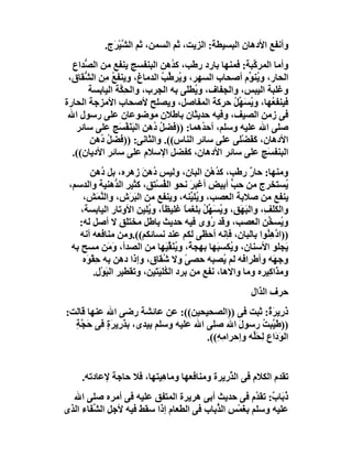 ‫وأﻧﻔﻊ اﻷدھﺎن اﻟﺒﺴﯿﻄﺔ: اﻟﺰﯾﺖ، ﺛﻢ اﻟﺴﻤﻦ، ﺛﻢ اﻟ ﱠﯿﺮَج.‬
                ‫ﺸْ‬
  ‫وأﻣﺎ اﻟﻤﺮ ﱠﺒﺔ: ﻓﻤﻨﮭﺎ ﺑﺎرد رﻃﺐ، ﻛ ُھﻦ اﻟﺒﻨﻔﺴﺞ ﯾﻨﻔﻊ ﻣﻦ اﻟ ﱡﺪاع‬
     ‫ﺼ‬                         ‫ﺪ‬                     ‫ﻛ‬
 ‫اﻟﺤﺎر، و ُﻨ ﱢم أﺻﺤﺎب اﻟﺴﮭﺮ، و ُﺮ ﱢﺐ اﻟﺪﻣﺎغ، وﯾﻨﻔﻊ ِﻦ اﻟ ﱡﻘﺎق،‬
     ‫ُﻣ ﺸ‬                   ‫ﯾ ﻃ ُ‬                  ‫ﯾﻮ‬
       ‫وﻏﻠﺒﺔ اﻟﯿﺒﺲ، واﻟﺠﻔﺎف، و ُﻄَﻰ ﺑﮫ اﻟﺠﺮب، واﻟﺤِ ﱠﺔ اﻟﯿﺎﺑﺴﺔ‬
                ‫ﻜ‬                  ‫ﯾ ﻠ‬
‫ﻓﯿﻨﻔ ُﮭﺎ، وﯾﺴَ ﱢ ُ ﺣﺮﻛﺔ اﻟﻤﻔﺎﺻﻞ، وﯾﺼﻠﺢ ﻷﺻﺤﺎب اﻷﻣﺰﺟﺔ اﻟﺤﺎرة‬
                                                ‫ُ ﮭﻞ‬      ‫ﻌ‬
 ‫ﻓﻰ زﻣﻦ اﻟﺼﯿﻒ، وﻓﯿﮫ ﺣﺪﯾﺜﺎن ﺑﺎﻃﻼن ﻣﻮﺿﻮﻋﺎن ﻋﻠﻰ رﺳﻮل اﷲ‬
   ‫ﺻﻠﻰ اﷲ ﻋﻠﯿﮫ وﺳﻠﻢ، أﺣ ُھﻤﺎ: ))ﻓﻀﻞ ُھﻦ اﻟﺒَﻨَﻔ َﺞ ﻋﻠﻰ ﺳﺎﺋﺮ‬
                ‫ْﺴ‬        ‫ُد‬            ‫ﺪ‬
       ‫اﻷدھﺎن، َ َﻀْﻠﻰ ﻋﻠﻰ ﺳﺎﺋﺮ اﻟﻨﺎس((. واﻟﺜﺎﻧﻰ: ))ﻓﻀﻞ ُھﻦ‬
          ‫ُد‬                          ‫ِ‬             ‫ﻛﻔ‬
  ‫اﻟﺒﻨﻔ َﺞ ﻋﻠﻰ ﺳﺎﺋﺮ اﻷدھﺎن، ﻛﻔﻀﻞ اﻹﺳﻼم ﻋﻠﻰ ﺳﺎﺋﺮ اﻷدﯾﺎن((.‬‫ﺴ‬
         ‫وﻣﻨﮭﺎ: ﺣﺎر رﻃﺐ، ﻛ ُھْﻦ اﻟﺒﺎن، وﻟﯿﺲ ُھﻦ زھﺮه، ﺑﻞ ُھﻦ‬
              ‫د‬           ‫د َ‬                      ‫ﺪ‬       ‫ٌ‬
 ‫ُﺴﺘﺨﺮج ﻣﻦ ﺣ ﱟ أﺑﯿﺾ أﻏﺒﺮ ﻧﺤﻮ اﻟ ُﺴْﺘﻖ، ﻛﺜﯿﺮ اﻟ ﱡھﻨﯿﺔ واﻟﺪﺳﻢ،‬
                    ‫ِ ﺪ‬          ‫ﻔ‬          ‫َ‬          ‫ﺐ‬              ‫ﯾ‬
      ‫ﯾﻨﻔﻊ ﻣﻦ ﺻﻼﺑﺔ اﻟﻌﺼﺐ، و ُﻠ ﱢﻨﮫ، وﯾﻨﻔﻊ ﻣﻦ اﻟﺒَ َش، واﻟ ﱠ َﺶ،‬
            ‫ﻨﻤ‬          ‫ﺮ‬                   ‫ﯾﯿ‬
     ‫واﻟﻜَ َ ِ، واﻟﺒَ َ ِ، وﯾﺴَ ﱢﻞ ﺑﻠﻐﻤﺎ ﻏﻠﯿﻈﺎً، و ُﻠﯿﻦ اﻷوﺗﺎر اﻟﯿﺎﺑﺴﺔ،‬
                           ‫ﯾ‬              ‫ً‬    ‫ﮭﻖ ُ ﮭ ُ‬        ‫ﻠﻒ‬
    ‫و ُﺴ ﱢﻦ اﻟﻌﺼﺐ، وﻗﺪ ُوى ﻓﯿﮫ ﺣﺪﯾﺚ ﺑﺎﻃﻞ ﻣﺨﺘَﻖ ﻻ أﺻﻞ ﻟﮫ:‬
                      ‫ﻠ‬                          ‫ر‬              ‫ﯾ ﺨ‬
     ‫))ا ﱠھِ ُﻮا ﺑﺎﻟﺒﺎ ِ، ﻓﺈﻧﮫ أﺣﻈﻰ ﻟﻜﻢ ﻋﻨﺪ ﻧﺴﺎﺋﻜﻢ((.وﻣﻦ ﻣﻨﺎﻓﻌﮫ أﻧﮫ‬
                                                        ‫ن‬      ‫د ﻨ‬
  ‫َﺠﻠﻮ اﻷﺳﻨﺎن، و ُﻜﺴ َﮭﺎ ﺑﮭﺠﺔً، و ُﻨﻘ َﮭﺎ ﻣﻦ اﻟﺼﺪأ، و َﻦ ﻣﺴﺢ ﺑﮫ‬
                 ‫َﻣ‬                ‫ﯾ َ ﱢﯿ‬          ‫ﯾ ﺒ‬                ‫ﯾ‬
      ‫وﺟ َﮫ وأﻃﺮاﻓﮫ ﻟﻢ ُﺼﺒﮫ ﺣﺼﻰ وﻻ ُﻘﺎق، وإذا دھﻦ ﺑﮫ ﺣﻘْ َه‬
       ‫ِﻮ‬                        ‫ً ﺷ‬                 ‫ﯾ‬            ‫ﮭ‬
           ‫وﻣ َاﻛِﯿﺮه وﻣﺎ واﻻھﺎ، ﻧﻔﻊ ﻣﻦ ﺑﺮد اﻟ ُﻠﯿَﺘَﯿﻦ، وﺗﻘﻄﯿﺮ اﻟﺒﻮْل.‬
                ‫َ‬                 ‫ﻜ‬                                ‫ﺬ‬
                                                           ‫ﺣﺮف اﻟﺬال‬
‫َرِﯾﺮ ٌ: ﺛﺒﺖ ﻓﻰ ))اﻟﺼﺤﯿﺤﯿﻦ((: ﻋﻦ ﻋﺎﺋﺸﺔ رﺿﻰ اﷲ ﻋﻨﮭﺎ ﻗﺎﻟﺖ:‬‫ذ َة‬
  ‫))ﻃَ ﱠﺒﺖ رﺳﻮ َ اﷲ ﺻﻠﻰ اﷲ ﻋﻠﯿﮫ وﺳﻠﻢ ﺑﯿﺪى، ﺑﺬرِﯾﺮَة ﻓﻰ َ ﱠﺔ‬
  ‫َ ٍ ﺣﺠ ِ‬                                      ‫ل‬      ‫ﯿ ُ‬
                                      ‫اﻟﻮ َاع ِﺤﱢﮫ وإﺣﺮا ِ ِ((.‬
                                         ‫ﻣﮫ‬         ‫َد ﻟ َﻠ‬


     ‫ﺗﻘﺪم اﻟﻜﻼم ﻓﻰ اﻟ ﱠرﯾﺮة وﻣﻨﺎﻓﻌﮭﺎ وﻣﺎ ِﯿﺘﮭﺎ، ﻓﻼ ﺣﺎﺟﺔ ﻹﻋﺎدﺗﮫ.‬
                          ‫ھ‬                  ‫ﺬ‬
  ‫ُﺑَﺎ ٌ: ﺗﻘ ﱠم ﻓﻰ ﺣﺪﯾﺚ أﺑﻰ ھﺮﯾﺮة اﻟﻤﺘﻔﻖ ﻋﻠﯿﮫ ﻓﻰ أﻣﺮه ﺻﻠﻰ اﷲ‬
                                                         ‫ذ ب ﺪ‬
‫ﻋﻠﯿﮫ وﺳﻠﻢ ﺑِ َﻤْﺲ اﻟ ﱡﺑﺎب ﻓﻰ اﻟﻄﻌﺎم إذا ﺳﻘﻂ ﻓﯿﮫ ﻷﺟﻞ اﻟ ﱢ َﺎء اﻟﺬى‬
       ‫ﺸﻔ‬                                  ‫ﻐ ِ ﺬ‬
 