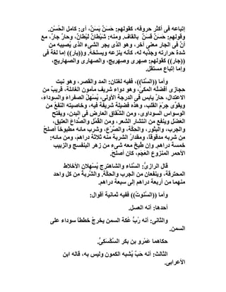 ‫إﺗﺒﺎﻋﮫ ﻓﻰ أﻛﺜﺮ ﺣﺮوﻓﮫ، ﻛﻘﻮﻟﮭﻢ: ﺣ َ ٌ ﺑَﺴ ٌ، أى: ﻛﺎﻣﻞ اﻟ ُﺴْﻦ.‬
        ‫ﺤ‬               ‫َﺴﻦ َﻦ‬
‫وﻗﻮﻟﮭﻢ: ﺣَ َﻦ ﻗ َ ٌ ﺑﺎﻟﻘﺎف. وﻣﻨﮫ: ﺷَﯿْﻄﺎن ﻟَﯿْﻄﺎ ٌ، وﺣﺎر ﺟﺎ ٌ، ﻣﻊ‬
    ‫ٌ ر‬         ‫ن‬       ‫ٌ‬                     ‫ﺴ ٌ َﺴﻦ‬
   ‫أن ﻓﻰ اﻟﺠﺎر ﻣﻌﻨﻰ آﺧﺮ، وھﻮ اﻟﺬى ﯾﺠﺮ اﻟﺸﻰء اﻟﺬى ُﺼﯿﺒﮫ ﻣﻦ‬
             ‫ﯾ‬                                                 ‫ﱠ‬
 ‫ﺷﺪة ﺣﺮارﺗﮫ وﺟﺬْ ِﮫ ﻟﮫ، ﻛﺄﻧﮫ ﯾﻨﺰﻋﮫ وﯾﺴﻠﺨ ُ. و))ﯾﺎر(( إﻣﺎ ﻟﻐﺔ ﻓﻰ‬
                       ‫ﮫ‬                        ‫ﺑ‬
    ‫))ﺟﺎر(( ﻛﻘﻮﻟﮭﻢ: ِﮭﺮى وﺻِﮭﺮﯾﺞ، واﻟﺼﮭﺎرى واﻟﺼﮭﺎرﯾﺞ،‬
                                              ‫ﺻ‬
                                                ‫وإﻣﺎ إﺗﺒﺎع ﻣﺴﺘﻘﻞ.‬
          ‫وأﻣﺎ ))اﻟ ﱠﻨﺎ((، ﻓﻔﯿﮫ ﻟﻐﺘﺎن: اﻟﻤﺪ واﻟﻘﺼﺮ، وھﻮ ﻧﺒﺖ‬
                                                  ‫ﺴ‬
 ‫ِﺠﺎزى أﻓﻀ ُﮫ اﻟﻤﻜ ّ، وھﻮ دواء ﺷﺮﯾﻒ ﻣﺄﻣﻮن اﻟﻐﺎﺋﻠﺔ، ﻗﺮﯾﺐ ﻣﻦ‬
      ‫ٌ‬                                         ‫ﻰ‬       ‫ﻠ‬         ‫ﺣ‬
‫اﻻﻋﺘﺪال، ﺣﺎر ﯾﺎﺑﺲ ﻓﻰ اﻟﺪرﺟﺔ اﻷوﻟﻰ، ﯾﺴﮭِﻞ اﻟﺼﻔﺮاء واﻟﺴﻮدا َ،‬
 ‫ء‬            ‫َ‬       ‫ُ ْ ُ‬                            ‫ٌ‬
   ‫وﯾﻘ ﱢى ﺟﺮْم اﻟﻘﻠﺐ، وھﺬه ﻓﻀﯿﻠﺔ ﺷﺮﯾﻔﺔ ﻓﯿﮫ، وﺧﺎﺻﯿﺘﮫ اﻟﻨﻔﻊ ﻣﻦ‬
        ‫ُ‬                                                 ‫ﻮ ِ َ‬
       ‫اﻟﻮﺳﻮاس اﻟﺴﻮداوى، وﻣﻦ اﻟ ﱢﻘﺎق اﻟﻌﺎرض ﻓﻰ اﻟﺒﺪن، وﯾﻔﺘﺢ‬
                                      ‫ﺸ‬
       ‫اﻟ َﻀَﻞ وﯾﻨﻔﻊ ﻣﻦ اﻧﺘﺸﺎر اﻟﺸﻌﺮ، وﻣﻦ اﻟ ُ ﱠﻞ واﻟ ﱡﺪاع اﻟﻌﺘﯿﻖ،‬
                ‫ﺼ َ‬      ‫ﻘﻤ‬                                      ‫ﻌ‬
 ‫واﻟﺠﺮب، واﻟﺒﺜﻮر، واﻟﺤِ ﱠﺔ، واﻟ ﱠﺮْع، وﺷﺮب ﻣﺎﺋﮫ ﻣﻄﺒﻮﺧﺎً أﺻﻠﺢ‬
 ‫ُ‬                                  ‫ﺼ‬       ‫ﻜ‬
     ‫ِﻦ ﺷﺮﺑﮫ ﻣﺪﻗﻮﻗ ً، وﻣﻘﺪار اﻟﺸﺮﺑﺔ ﻣﻨﮫ ﺛﻼﺛﺔ دراھ َ، وﻣﻦ ﻣﺎﺋﮫ:‬
                  ‫ﻢ‬                       ‫ُ‬          ‫ﺎ‬             ‫ﻣ‬
        ‫ﺧﻤﺴﺔ دراھﻢ. وإن ُﺒِﺦ ﻣﻌﮫ ﺷﻰء ﻣﻦ زھﺮ اﻟﺒﻨﻔﺴﺞ واﻟﺰﺑﯿﺐ‬
                                              ‫ﻃ َ‬
                                  ‫اﻷﺣﻤﺮ اﻟﻤﻨﺰوع اﻟ َ َﻢ، ﻛﺎن أﺻﻠ َ.‬
                                   ‫ﺢ‬            ‫ﻌﺠ‬
         ‫ﻗﺎل اﻟﺮاز ﱡ: اﻟ ﱠﻨﺎء واﻟﺸﺎھﺘﺮج ﯾﺴْﮭﻼن اﻷﺧﻼط‬
                       ‫ُ‬               ‫ى ﺴ‬
     ‫اﻟﻤﺤﺘﺮﻗﺔ، وﯾﻨﻔﻌﺎن ﻣﻦ اﻟﺠﺮب واﻟﺤِ ﱠﺔ. واﻟ ﱠﺮﺑﺔ ِﻦ ﻛﻞ واﺣﺪ‬
              ‫ﺸ ُﻣ‬          ‫ﻜ‬
                         ‫ﻣﻨﮭﻤﺎ ﻣﻦ أرﺑﻌﺔ دراھﻢ إﻟﻰ ﺳﺒﻌﺔ دراھﻢ.‬
                      ‫وأﻣﺎ ))اﻟ ﱠﻨﻮ ُ(( ﻓﻔﯿﮫ ﺛﻤﺎﻧﯿﺔ أﻗﻮال:‬
                                           ‫ﺴ ت‬
                                         ‫أﺣﺪھﺎ: أﻧﮫ اﻟﻌﺴﻞ.‬
    ‫واﻟﺜﺎﻧﻰ: أﻧﮫ ُب ُﻜﺔ اﻟﺴﻤﻦ ﯾﺨﺮج ﺧﻄﻄﺎ ﺳﻮداء ﻋﻠﻰ‬
              ‫ً‬    ‫ُ‬            ‫ر ﱡﻋ‬
                                                             ‫اﻟﺴﻤﻦ.‬
                          ‫ﺣﻜﺎھﻤﺎ ﻋَﻤْﺮو ﺑﻦ ﺑﻜﺮ اﻟ ﱠﻜﺴﻜِ ﱡ.‬
                           ‫ﺴْ َ ﻰ‬
          ‫اﻟﺜﺎﻟﺚ: أﻧﮫ َ ٌ ُﺸﺒﮫ اﻟﻜﻤﻮن وﻟﯿﺲ ﺑﮫ، ﻗﺎﻟﮫ اﺑﻦ‬
                                      ‫ﺣﺐ ﯾ‬
                                                     ‫اﻷﻋﺮاﺑﻰ.‬
 