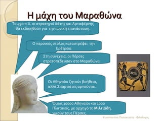 Η μάχη του Μαραθώνα Το 490 π.Χ. οι στρατηγοί Δάτης και Αρταφέρνης θα εκδικηθούν για  την ιωνική επανάσταση. Ο περσικός στόλος καταστρέφει  την Ερέτρεια Στη συνέχεια, οι Πέρσες στρατοπέδευσαν στο Μαραθώνα Οι Αθηναίοι ζητούν βοήθεια, αλλά Σπαρτιάτες αρνούνται. Όμως 10000 Αθηναίοι και 1000 Πλαταιείς, με αρχηγό το  Μιλτιάδη , νικούν τους Πέρσες. Κωνσταντίνα Παπακώστα - Φιλόλογος 