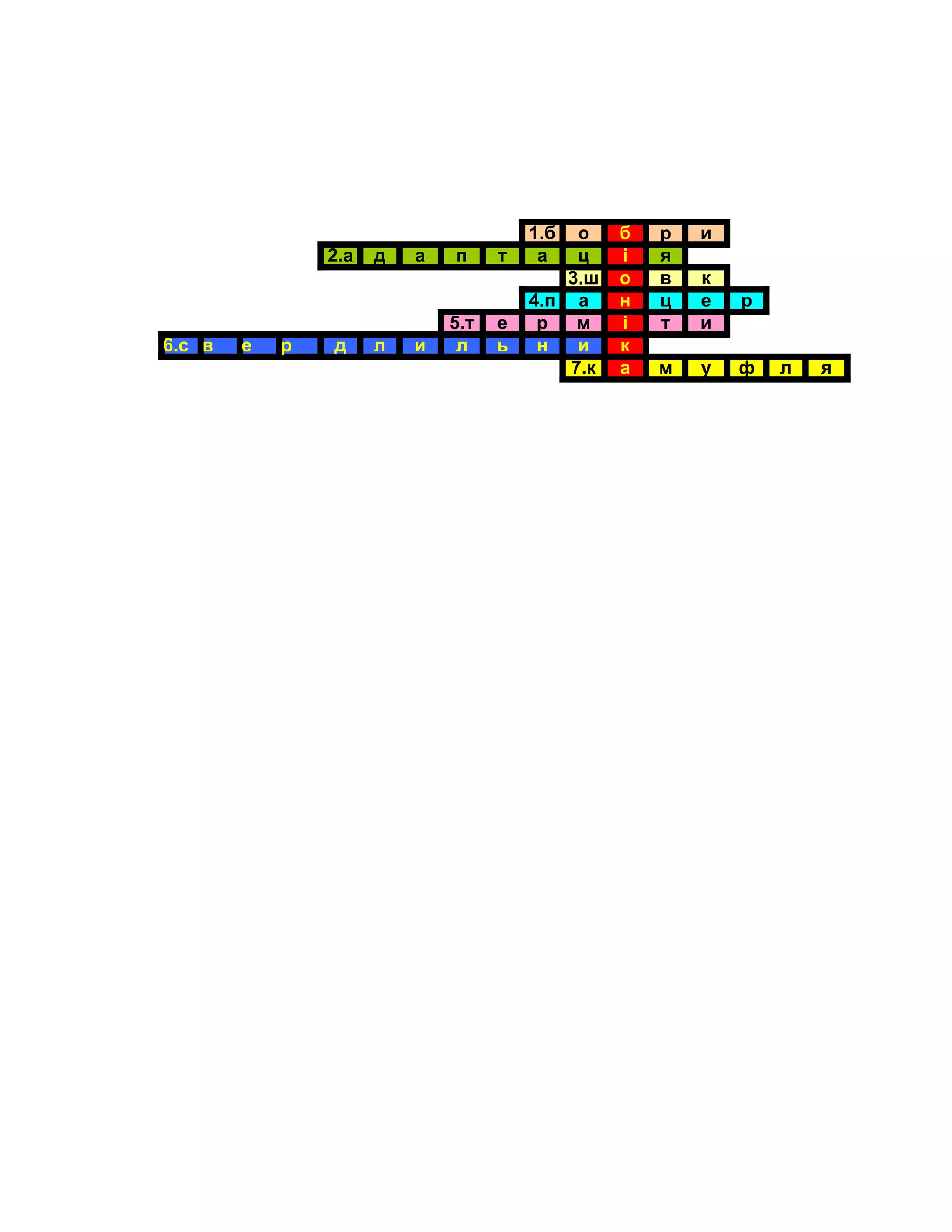 1.б  о    б   р   и
                2.а   д   а   п     т    а   ц    і   я
                                            3.ш   о   в   к
                                        4.п а     н   ц   е   р
                              5.т   е    р   м    і   т   и
6.с в   е   р   д     л   и    л    ь    н   и    к
                                            7.к   а   м   у   ф   л   я
 