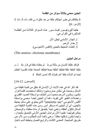 ‫اﻟﺠﻨﻴﻦ ﻣﺤﻤﻲ ﺑﺜﻼﺛﺔ ﺳﻮاﺗﺮ ﻣﻦ اﻟﻈﻠﻤﺔ‬
‫‪ ‬ﻳﺨ ﹸ ﹸ ﹸﻢ ﻓ‪‬ﻲ ‪‬ﺑ ﹸﻮﻥ ﹸﺃﻣﻬ‪‬ﺎ‪‬ﺗﻜﻢ ﺧﻠﻘﹰﺎ ﻣ‪‬ﻦ ‪‬ﺑﻌﺪ ﺧﻠﻖ ﻓ‪‬ـﻲ ﹸ ﹸ ‪‬ـﺎﺕ ﹶﺛﻠﹶـﺎﺙ ‪‬‬
  ‫‪‬‬       ‫ﻇﻠ ﻤ ‪‬‬        ‫‪  ‬ﹾ ﹴ‬        ‫‪‬ﻠﻘﻜ ‪ ‬ﻄ ‪  ‬ﹸ ‪  ‬ﹾ‬
                                                             ‫]اﻟﺰﻣﺮ: 6[.‬
‫ﻃﺒﻘ ﺎ ًﻟﻠﭙﺮوﻓﻴ ﺴﻮر آﻴ ﺚ ﻣ ﻮر. ه ﺬﻩ اﻟ ﺴﻮاﺗﺮ اﻟﺜﻼﺙ ﺔ ﻣ ﻦ اﻟﻈﻠﻤ ﺔ‬
                                         ‫اﻟﻤﺬآﻮرة ﻓﻲ اﻟﻘﺮﺁن هﻲ:‬
                                   ‫1. اﻟﺠﺪار اﻷﻣﺎﻣﻲ ﻟﺒﻄﻦ اﻷم.‬
                                                ‫2. ﺝﺪار اﻟﺮﺡﻢ.‬
                     ‫3. اﻟﻐﺸﺎء اﻟﻤﺤﻴﻂ ﺑﺎﻟﺠﻨﻴﻦ )اﻟﻜﻴﺲ اﻷﻣﻨﻴﻮﺱﻲ(.‬
‫)‪(The amnioc- chorionic membrane‬‬
                                                                  ‫ﻣﺮاﺣﻞ اﻟﺠﻨﻴﻦ‬
‫‪‬ﻭﹶﻟﻘﺪ ﺧﻠﻘﻨ‪‬ﺎ ﺍﹾﻟﺈﹺﻧﺴ‪‬ﺎﻥ ﻣ‪‬ﻦ ﺳﻠﹶﺎﹶﻟﺔ ‪‬ﻦ ﻃﲔ ﹸﺛﻢ ﺟﻌﻠﻨ‪‬ﺎﻩ ‪‬ﻄﻔﺔ ﻓ‪‬ﻲ ﻗﺮ‪‬ﺍﺭ ﻣﻜﲔ ﹸـﻢ‬
‫‪  ‬ﻣ ‪ ‬ﹴ ‪ ‬ﹾ ‪ ‬ﻧ ﹾﹶﹰ ﹶ ﹴ ‪  ‬ﹴ ﺛ ‪‬‬                ‫ﹶ‬             ‫‪ ‬ﹶ ‪ ‬ﹶ ﹾ‬
‫ﺧﻠﻘﻨ‪‬ﺎ ﺍﻟﻨﻄﻔﺔ ﻋﻠﻘﺔ ﻓﺨﻠﻘﻨ‪‬ﺎ ﺍﹾﻟﻌﻠﻘﺔ ‪‬ﻀﻐﺔ ﻓﺨﻠﻘﻨ‪‬ﺎ ﺍﹾﻟ ‪‬ﻀﻐﺔ ﻋﻈﹶﺎﻣ‪‬ﺎ ﻓﻜﺴﻮﻧ‪‬ﺎ ﺍﹾﻟﻌﻈﹶﺎﻡ‬
‫‪‬ﹶ ﹾ ‪ ‬ﹾ ﹶ ﹶ ‪‬ﹶ ﹶ ﹰ ﹶ ‪‬ﹶ ﹾ ‪‬ﹶ ﹶ ﹶ ﻣ ‪  ‬ﹰ ﹶ ‪‬ﹶ ﹾ ﻤ ‪  ‬ﹶ ‪ ‬ﹶ ﹶ ‪   ‬‬
                      ‫ﹶﻟﺤﻤ‪‬ﺎ ﹸﺛﻢ ﺃﹶﻧﺸﺄﻧ‪‬ﺎﻩ ﺧﻠﻘﹰﺎ ﺁﺧﺮ ﻓﺘﺒ‪‬ﺎﺭﻙ ﺍﻟﻠﻪ ﹶﺃﺣﺴ ‪ ‬ﺍﹾﻟﺨ‪‬ﺎ‪‬ﻟﻘﲔ‪‬‬
                       ‫‪‬‬         ‫‪   ‬ﹾ ‪  ‬ﹾ ‪  ‬ﹶ ‪   ‬ﱠ ‪  ‬ﻦ‬

‫]اﻟﻤﺆﻣﻨﻮن: 21-41[‬
‫ﻟﻘﺪ ذآﺮ اﷲ ﻓﻲ هﺬﻩ اﻵﻳﺎت أن اﻹﻥﺴﺎن ﻗﺪ ﺧﻠﻖ ﻣﻦ آﻤﻴﺔ دﻗﻴﻘ ﺔ ﻣ ﻦ‬
‫اﻟﺴﺎﺋﻞ وﺿﻌﺖ ﻓﻲ ﻣﻜ ﺎن ﺡ ﺎم وﻣﺘ ﻴﻦ؛ وﻟ ﺬﻟﻚ اﺱ ﺘﺨﺪﻣﺖ آﻠﻤ ﺔ ﻗ ﺮار‬
‫ﻣﻜ ﻴﻦ، وﻳﻜ ﻮن اﻟ ﺮﺡﻢ ﻣﺤﻤﻴ ﺎ ًﻣ ﻦ اﻟﺨﻠ ﻒ ﺑﻮاﺱ ﻄﺔ اﻟﻌﻤ ﻮد اﻟﻔﻘ ﺮي‬
‫وﻋﻀﻼت اﻟﻈﻬﺮ اﻟﺘﻲ ﺗﻘﻮﻳﻪ ، آﻤﺎ أن اﻟﺠﻨﻴﻦ أﻳﻀﺎ ً ﻣﺤﻤ ﻲ ﺑﻮاﺱ ﻄﺔ‬
‫اﻟﻜﻴﺲ اﻷﻣﻨﻴﻮﺱﻲ "‪ "amniotic sac‬اﻟﺬي ﻳﺤﺘﻮي ﻋﻠﻰ ﺱﺎﺋﻞ ﻳﺤ ﻴﻂ‬
‫ﺑﺎﻟﺠﻨﻴﻦ، أي أن اﻟﺠﻨﻴﻦ ﻟﻪ ﻣ ﺴﺘﻘﺮ ﺁﻣ ﻦ. وﻣ ﻦ ه ﺬﻩ اﻟﻜﻤﻴ ﺔ اﻟﺪﻗﻴﻘ ﺔ ﻣ ﻦ‬
‫اﻟﺴﺎﺋﻞ ﺗﺘﻜ ّن اﻟﻌﻠﻘﺔ، وﺗﻌﻨﻲ ﺵﻴﺌﺎ ً ﻳﻠﺘﺼﻖ أو ﻣﺎدة ﻣﻌﻠﻘ ﺔ، واﻟﻮﺹ ﻔﺎن‬
                                                         ‫ﻮ‬
‫ﻳﻤﻜ ﻦ ﻗﺒﻮﻟﻬﻤ ﺎ ﻋﻠﻤﻴ ﺎ ً؛ﻷن ﻣﺮاﺡ ﻞ اﻟﺠﻨ ﻴﻦ اﻷوﻟ ﻰ ﺗﻠﺘ ﺼﻖ ﺑﺎﻟﺠ ﺪار،‬
‫وأﻳﻀﺎ ًﻳﻜ ﻮن ﺵ ﻜﻠﻬﺎ ﻣﻌﻠﻘ ﺎ ً، وه ﻲ ﺗﺄﺧ ﺬ اﻟ ﺪم اﻟﻤﻄﻠ ﻮب ﻣ ﻦ اﻷم ﻋ ﻦ‬
‫ﻃﺮﻳ ﻖ اﻟﻤ ﺸﻴﻤﺔ. اﻟﻤﻌﻨ ﻰ اﻟﺜﺎﻟ ﺚ واﻟﺮاﺑ ﻊ ﻟﻠﺤﻤ ﻞ ﻳ ﺘﺠﻠﻂ اﻟ ﺪم داﺧ ﻞ‬

‫63‬
 