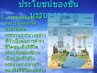 ประโยชน์ของชั้นบรรยากาศ 5.  ส่วนผสมของแก๊สต่าง ๆ ในอากาศ  ช่วยให้เกิดกระบวนการบางอย่างที่จำเป็นต่อการดำรงชีวิตของสิ่งมีชีวิต เช่นแก๊สออกซิเจนเป็นแก๊สที่ใช้ในกระบวนการหายใจของสิ่งมีชีวิตและช่วยให้ไฟติด แก๊สคาร์บอนไดออกไซด์เป็นแก๊สที่ใช้ในกระบวนการสังเคราะห์ด้วยแสงของพืช 