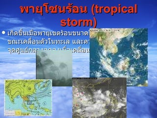 พายุโซนร้อน  ( tropical storm ) เกิดขึ้นเมื่อพายุเขตร้อนขนาดใหญ่อ่อนกำลังลง ขณะเคลื่อนตัวในทะเล และความเร็วที่จุดศูนย์กลางลดลงเมื่อเคลื่อนเข้าหาฝั่ง  