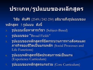 ประเภท / รูปแบบของหลักสูตร วิชัย  ตันศิริ  ( 2549: / 242-250)  อธิบายถึงรูปแบบของ หลักสูตร  5  รูปแบบ  ดังนี้ รูปแบบเนื้อหาสาระวิชา  (Subject-Based) รูปแบบของ  “ Broad Fields” รูปแบบของหลักสูตรที่ยึดกระบวนการทางสังคมและภารกิจของชีวิตเป็นแกนหลัก  (Social Processes and Life Functions) รูปแบบหลักสูตรที่ยึดประสบการณ์เป็นแกน  (Experience Curriculum) รูปแบบของหลักสูตรแกนร่วม  (Core Curriculum) 