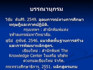 บรรณานุกรม วิชัย  ตันศิริ . 2549.  อุดมการณ์ทางการศึกษา ทฤษฎีและภาคปฏิบัติ .    กรุงเทพฯ  :  สำนักพิมพ์แห่งจุฬาลงกรณ์มหาวิทยาลัย . สุนีย์  ภู่พันธ์ . 2546.  แนวคิดพื้นฐานการสร้างและการพัฒนาหลักสูตร .    เชียงใหม่   :   สำนักพิมพ์   The Knowledge Center   ในเครือ บริษัท    ดวงกมลเชียงใหม่ จำกัด . กระทรวงศึกษาธิการ . 2551.  หลักสูตรแกนกลางการศึกษาขั้นพื้นฐาน   พุทธศักราช  2551.   กรุงเทพฯ  :   โรงพิมพ์ชุมนุมสหกรณ์การเกษตร    แห่งประเทศไทย จำกัด . 