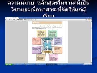 ความหมาย :  หลักสูตรในฐานะที่เป็นวิชาและเนื้อหาสาระที่จัดให้แก่ผู้เรียน 