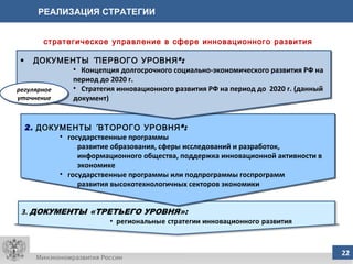 РЕАЛИЗАЦИЯ СТРАТЕГИИ 2.   ДОКУМЕНТЫ «ВТОРОГО УРОВНЯ»: государственные программы развитие образования, сферы исследований и разработок, информационного общества, поддержка инновационной активности в экономике государственные программы или подпрограммы госпрограмм развития высокотехнологичных секторов экономики ДОКУМЕНТЫ «ПЕРВОГО УРОВНЯ»: Концепция долгосрочного социально-экономического развития РФ на период до 2020 г.  Стратегия инновационного развития РФ на период до  2020 г. (данный документ)  регулярное уточнение стратегическое управление в сфере инновационного развития 