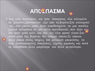 ΑΠΟΣΠΑΣΜΑ Δυο  κέικ  σοκολάτας  και  τρία  τσουρέκια,  όλα  τυλιγμένα  σε  ζελατίνες,βρίσκονταν  έξω  από  τη βιτρίνα.Στο  εσωτερικό  της , στο  επάνω  ράφι , ήταν  τοποθετημένα  σε  μια  πιατέλα  μερικά  εκλεράκια ,σε  μια  άλλη  αμυγδαλωτά , που  ήταν  και  δεν  ήταν  μισό  κιλό , και  πιο  ΄κει  λίγα  φρουί  γλασε.Στο  κάτω  ράφι  της  βιτρίνας  δεν  υπήρχε  τίποτα.Σε  κάποια  άλλα  ράφια  στους  τοίχους  του  μαγαζιού  μπορούσες  να  δεις  συσκευασμένες  σοκολάτες , ξηρούς  καρπούς  και  ποτά  σε  καλαθάκια ,άλλα  μικρότερα  και  άλλα  μεγαλύτερα. 