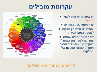 עקרונות מובילים  דו - שיח ,  מידע זורם לשני  כיוונים ערך מוסף לשני הצדדים יחסים שוויוניים בין הלקוח למספק המוצר / שירות  שפה שונה  " תודה שאתה עוזר לנו לשפר את המוצר "  במקום  " אנו מתנצלים ונפצה אותך ".  המוצר הוא גם של הלקוח !     חייבים לשחרר את השליטה ! 