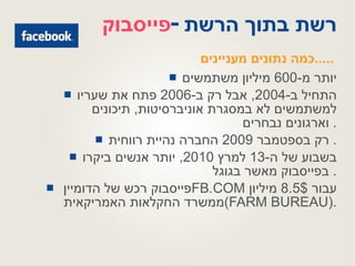 פייסבוק -  רשת בתוך הרשת יותר מ -600  מיליון משתמשים התחיל ב -2004,  אבל רק ב -2006  פתח את שעריו למשתמשים לא במסגרת אוניברסיטות ,  תיכונים וארגונים נבחרים .  רק בספטמבר  2009  החברה נהיית רווחית .  בשבוע של ה -13  למרץ  2010,  יותר אנשים ביקרו בפייסבוק מאשר בגוגל .  פייסבוק רכש של הדומיין  FB.COM   עבור  8.5$  מיליון ממשרד החקלאות האמריקאית  ( FARM BUREAU ). כמה נתונים מעניינים ..... 