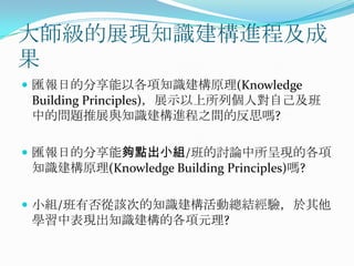 大師級的展現知識建構進程及成果匯報日的分享能以各項知識建構原理(Knowledge Building Principles)，展示以上所列個人對自己及班中的問題推展與知識建構進程之間的反思嗎?匯報日的分享能夠點出小組/班的討論中所呈現的各項知識建構原理(Knowledge Building Principles)嗎? 小組/班有否從該次的知識建構活動總結經驗，於其他學習中表現出知識建構的各項元理?