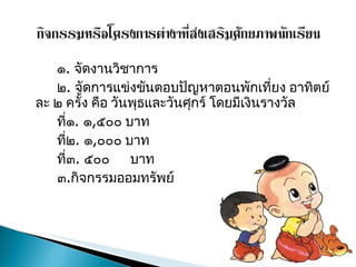 ๑ .  จัดงานวิชาการ ๒ .  จัดการแข่งขันตอบปัญหาตอนพักเที่ยง อาทิตย์ละ ๒ ครั้ง คือ วันพุธและวันศุกร์ โดยมีเงินรางวัล  ที่๑ .   ๑ , ๕๐๐ บาท ที่๒ .  ๑ , ๐๐๐ บาท ที่๓ .  ๕๐๐  บาท ๓ . กิจกรรมออมทรัพย์ 