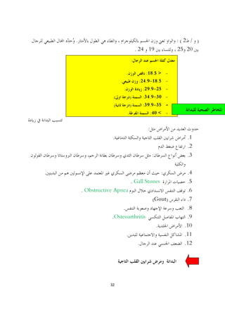 .                                                           :(2 / )
                                         . 24 19                25 20
                                     :

                                 .             :18.5 > -
                         .                :24.9-18.5 -
                             .                :29.9-25 -
                     (               )        :34.9-30 -
                     (               )        :39.9-35 -
                                 .                  :40 < -


                                                :
                    .                                              .1
                                                                   .2
                                                    :              .3

.                                                           :      .4
                                     . Gall Stones                 .5
        . Obstructive Apnea                                        .6
                                                    (Gout)         .7
                         .                                         .8
                    .Osteoarthritis                                .9
                                                        .         .10
                                 .                                .11
                                          .                       .12




                   32
 