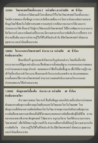 ว23201 วิทยาศาสตร์ โลกทั้งระบบ 2 หน่ วยกิต 1.0 หน่ วยกิต 40 ชั่วโมง
             ดาเนินการวิจยตามเค้าโครงที่เสนอไว้ในวิชาวิทยาศาสตร์ โลกทั้งระบบ 1
                         ั
โดยมีการทดลอง เก็บข้อมูล การตรวจวัดสิ่ งแวดล้อม การวิเคราะห์และแปลความหมาย
ข้อมูลโดยใช้เทคโนโลยีสารสนเทศ การลงสรุ ป การเขียนรายงานการวิจย และการ
                                                                  ั
นาเสนองานวิจย ซึ่ งจะนาไปสู่ การวิจยแบบนักวิทยาศาสตร์ ได้มีการพัฒนาการะบวนการ
               ั                   ั
คิดวิเคราะห์ และการคิดอย่างเป็ นระบบ มีความสามารถในการตัดสิ นใจ การสื่ อสาร การ
ทางานเป็ นทีม และการนาความรู ้ไปใช้ในชีวตประจาวัน มีจิตวิทยาศาสตร์ จริ ยธรรม
                                          ิ
คุณธรรม และค่านิยมที่เหมาะสม

ว20201 โครงงานทางวิทยาศาสตร์ จานวน 1.0 หน่ วยกิต 40 ชั่วโมง
คาอธิบายรายวิชา
               ศึกษาค้นคว้า ดูงานและทากิจกรรมในรู ปแบบต่างๆ โดยเน้นเกี่ยวกับ
กระบวนการแก้ปัญหาอย่างมีระบบ ฝึ กทักษะการตั้งสมมติฐาน การออกแบบการทดลอง
การกาหนดและควบคุม ตัวแปร ตลอดจนการใช้เครื่ องมือพื้นฐาน เพื่อให้มีความรู ้ความ
เข้าใจเกี่ยวกับการทาโครงงาน ศึกษาและทาโครงงานประเภทสารวจ ประเภททดลอง
ตามขั้นตอนวิธีการทางวิทยาศาสตร์ สามารถวางแผนดาเนินงานตามโครงงานและ
นาเสนอผลงานได้อย่างเหมาะสม

ว 20202 พันธุศาสตร์ เบืองต้ น จานวน 1.0 หน่ วยกิต 40 ชั่วโมง
                         ้
คาอธิบายรายวิชา
             สารวจตรวจสอบ วิเคราะห์ สื บค้นข้อมูล และอภิปรายเกี่ยวกับการถ่ายทอด
ลักษณะทางพันธุกรรมที่ควบคุมโดยยีนบนออโตโซมและโครโมโซมเพศ โรค
พันธุกรรมที่เกิดจากความผิดปกติของโครโมโซม สาเหตุความแปรผันทางพันธุกรรม
การคัดเลือกตามธรรมชาติของสิ่ งมีชีวต ผลกระทบของการคัดเลือกพันธุ์สิ่งมีชีวต ความ
                                       ิ                                           ิ
หลากหลายทางชีวภาพ พันธุศาสตร์ วิวฒนาการ อนุกรมวิธาน โดยใช้กระบวนการทาง
                                         ั
วิทยาศาสตร์ เพื่อให้เกิดความรู ้ความเข้าใจ สามารถสื่ อสารสิ่ งที่เรี ยนรู ้ มีความสามารถใน
การตัดสิ นใจ นาความรู ้ไปใช้ในชีวตประจาวัน มีจิตวิทยาศาสตร์ จริ ยธรรม คุณธรรม
                                     ิ
และค่านิยมที่เหมาะสม
 