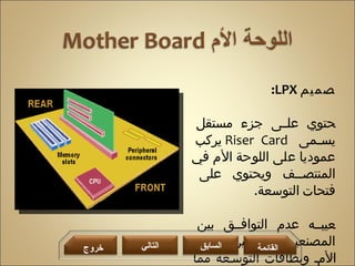<ul><li>تصميم  LPX : </li></ul><ul><li>يحتوي على جزء مستقل يسمى  Riser Card   يركب عموديا على اللوحة الأم في المنتصف ويحتو...