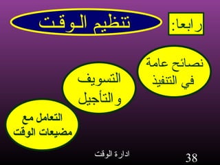 تنظيم الـوقـت رابعا : نصائح عامة في التنفيذ التسويف والتأجيل التعامل مع مضيعات الوقت 