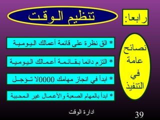 تنظيم الـوقـت رابعا : نصائح عامة في التنفيذ *  الق نظرة على قائمة أعمالك الـيـومـيـة *  التزم دائما بـقــائـمـة أعـمـالك الـيـومـيـة *  ابدأ في انجاز مهامك  0000 لا تــؤجــل *  ابدأ بالمهام الصعبة والأعـمـال غير الـمحـببة 
