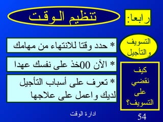 تنظيم الـوقـت رابعا : التسويف والتأجيل كيف نقضي على التسويف؟ *  حدد وقتا للانتهاء من مهامك *  الآن  00 خذ على نفسك عهدا *  تعرف على أسباب التأجيل لديك واعمل على علاجها 