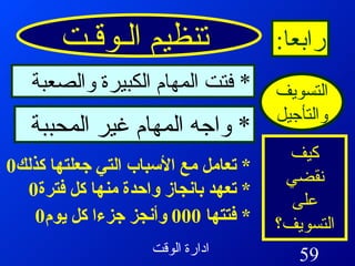 تنظيم الـوقـت رابعا : التسويف والتأجيل كيف نقضي على التسويف؟ *  فتت المهام الكبيرة والصعبة *  واجه المهام غير المحببة *  تعامل مع الأسباب التي جعلتها كذلك 0  *  تعهد بانجاز واحدة منها كل فترة 0  *  فتتها  000  وأنجز جزءا كل يوم 0  