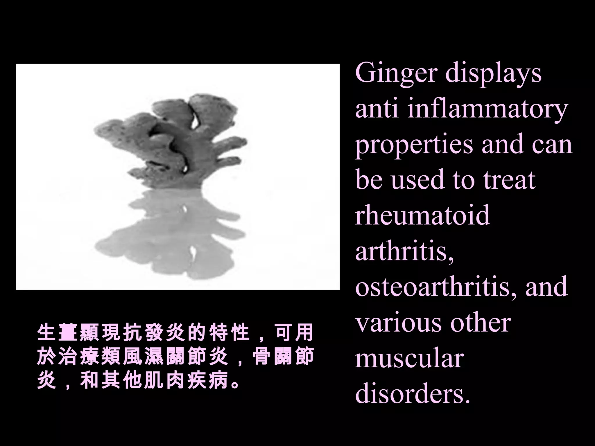 Ginger displays anti inflammatory properties and can be used to treat rheumatoid arthritis, osteoarthritis, and various other muscular disorders.   生薑顯現抗發炎的特性，可用於治療類風濕關節炎，骨關節炎，和其他肌肉疾病。 