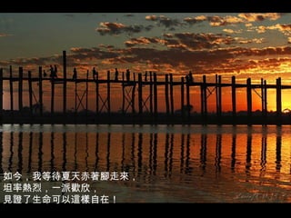 如今，我等待夏天赤著腳走來， 坦率熱烈，一派歡欣， 見證了生命可以這樣自在！ 