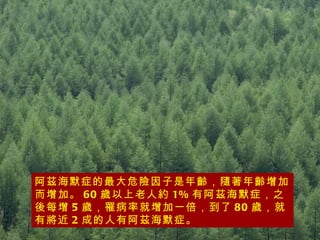 阿茲海默症的最大危險因子是年齡，隨著年齡增加而增加。 60 歲以上老人約 1% 有阿茲海默症，之後每增 5 歲，罹病率就增加一倍，到了 80 歲，就有將近 2 成的人有阿茲海默症。 