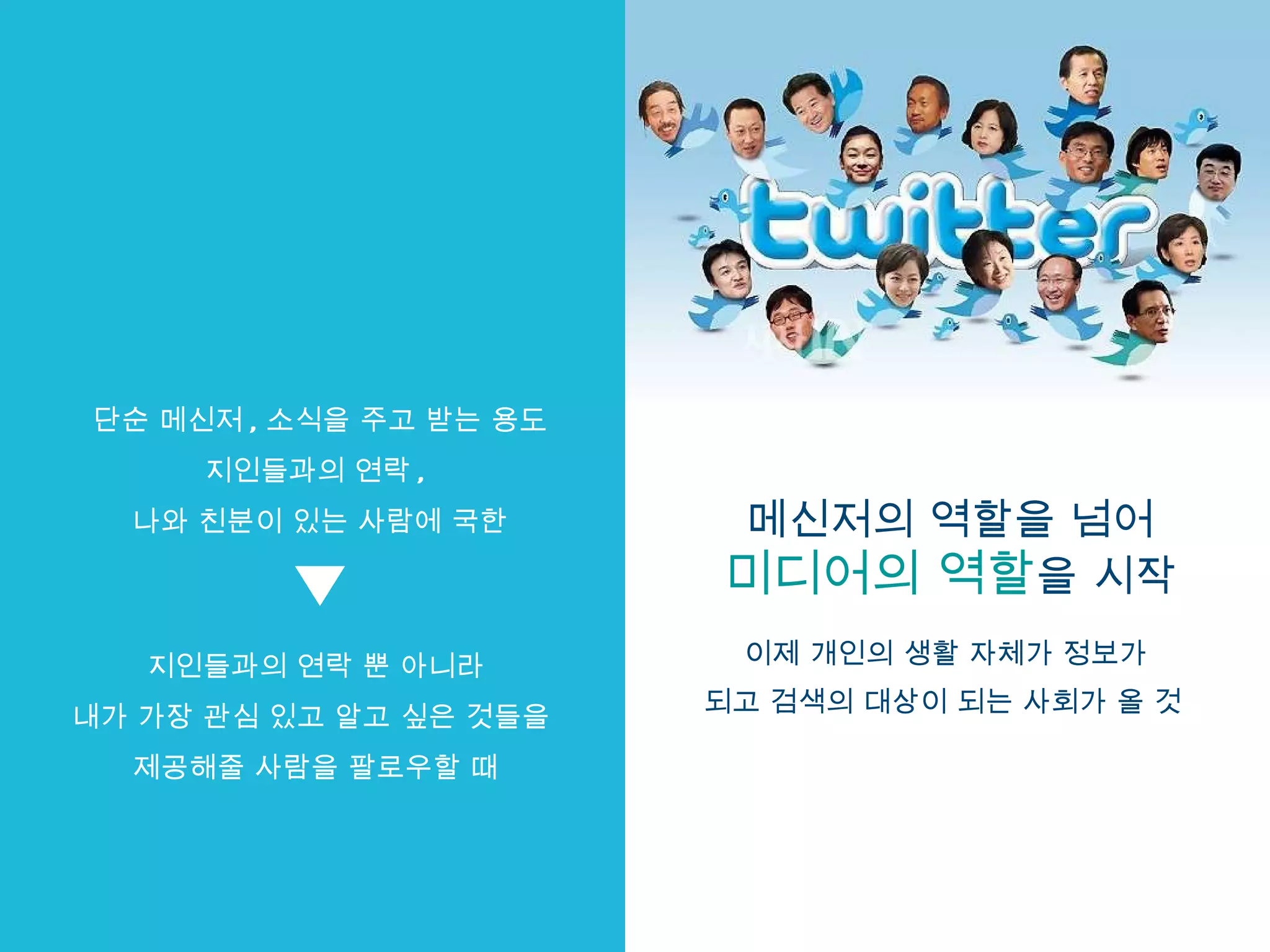 단순 메신저 , 소식을 주고 받는 용도 지인들과의 연락 ,  나와 친분이 있는 사람에 국한 지인들과의 연락 뿐 아니라 내가 가장 관심 있고 알고 싶은 것들을  제공해줄 사람을 팔로우할 때 메신저의 역할을 넘어 미디어의 역할 을 시작 이제 개인의 생활 자체가 정보가  되고 검색의 대상이 되는 사회가 올 것   