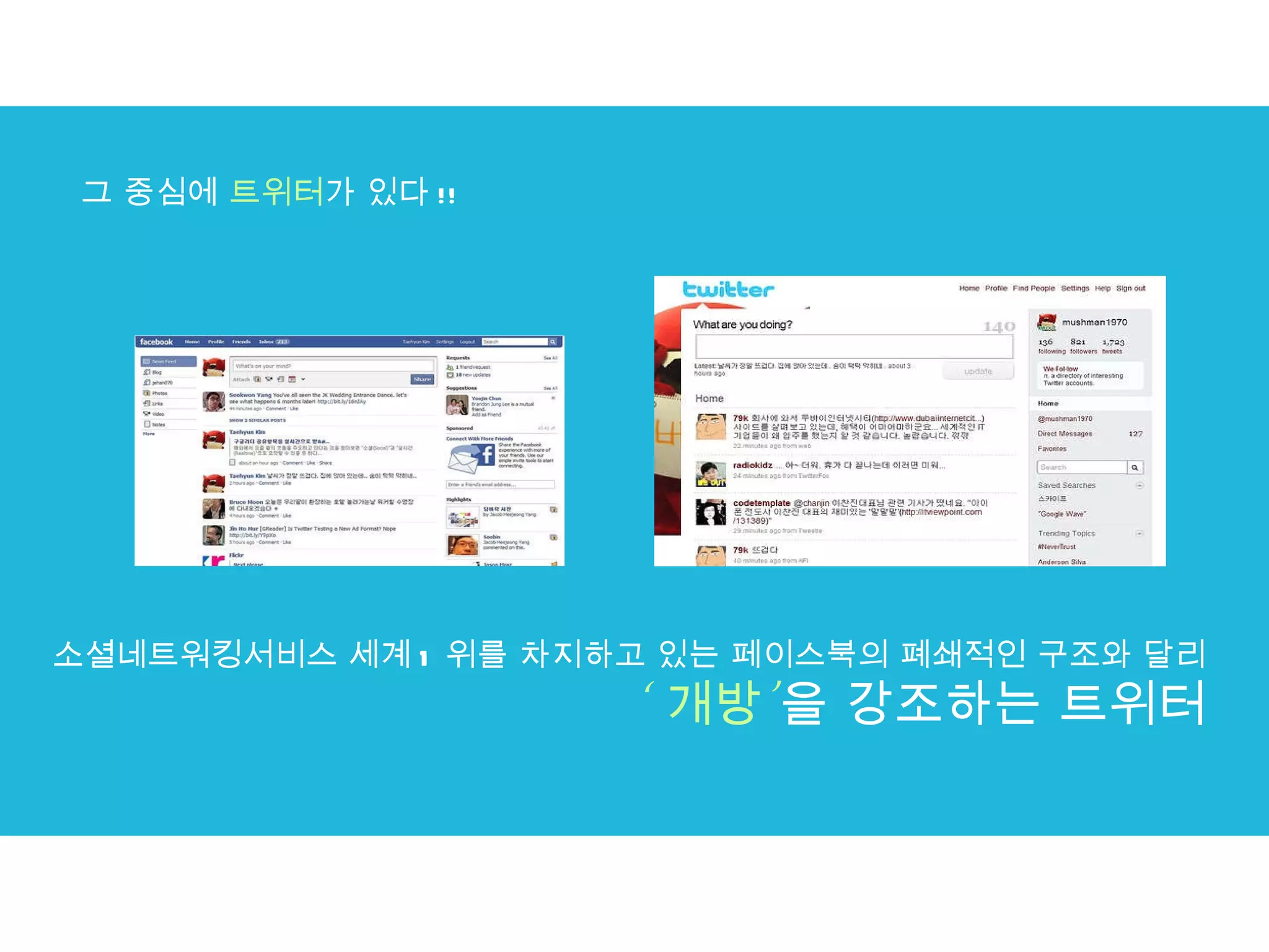 그 중심에  트위터 가 있다 !!  소셜네트워킹서비스 세계 1 위를 차지하고 있는 페이스북의 폐쇄적인 구조와 달리 ‘ 개방’ 을 강조하는 트위터 
