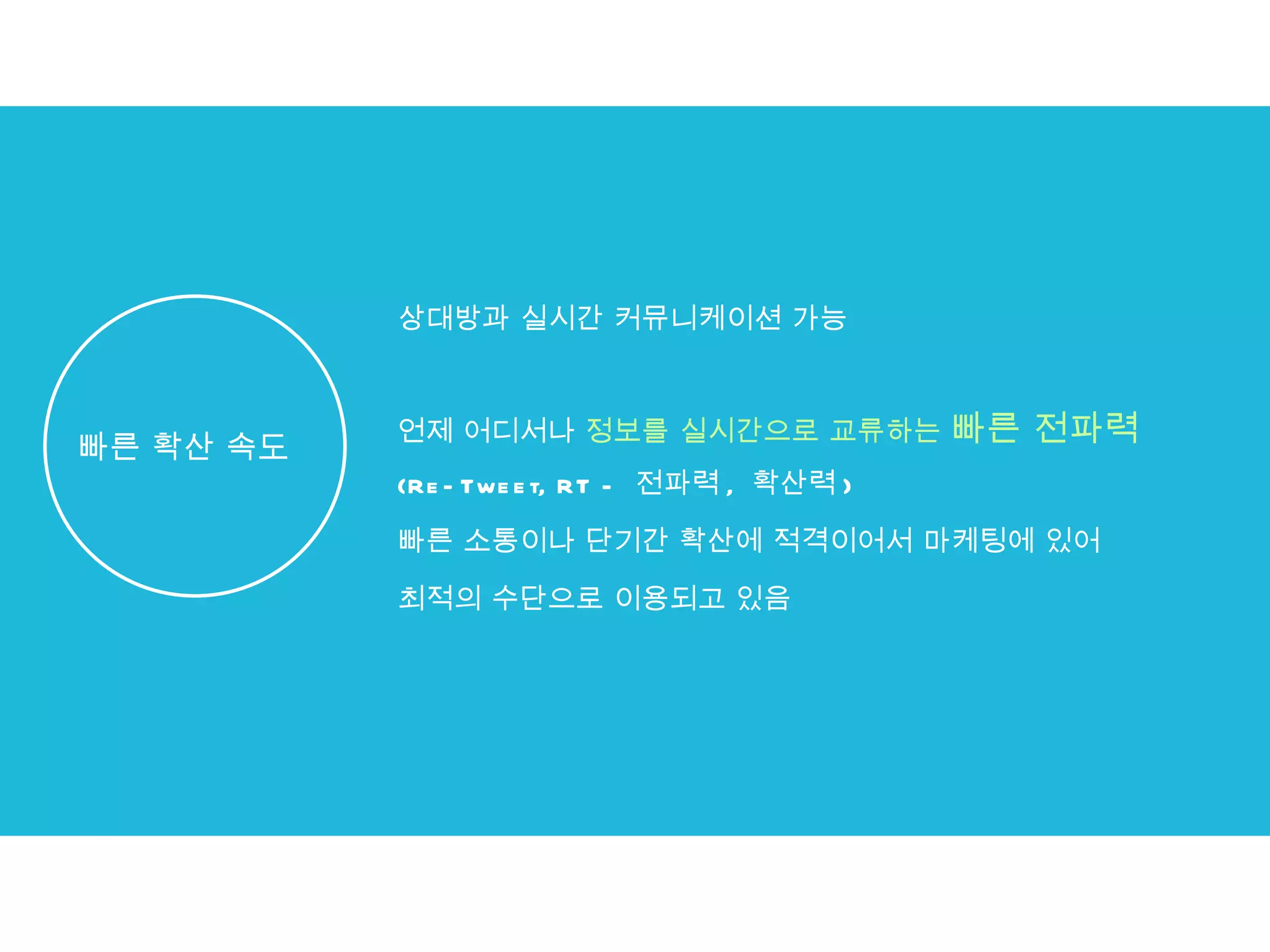 상대방과 실시간 커뮤니케이션 가능 언제 어디서나  정보를 실시간으로 교류하는  빠른 전파력 (Re-Tweet, RT -  전파력 ,  확산력 ) 빠른 소통이나 단기간 확산에 적격이어서 마케팅에 있어  최적의 수단으로 이용되고 있음 빠른 확산 속도 