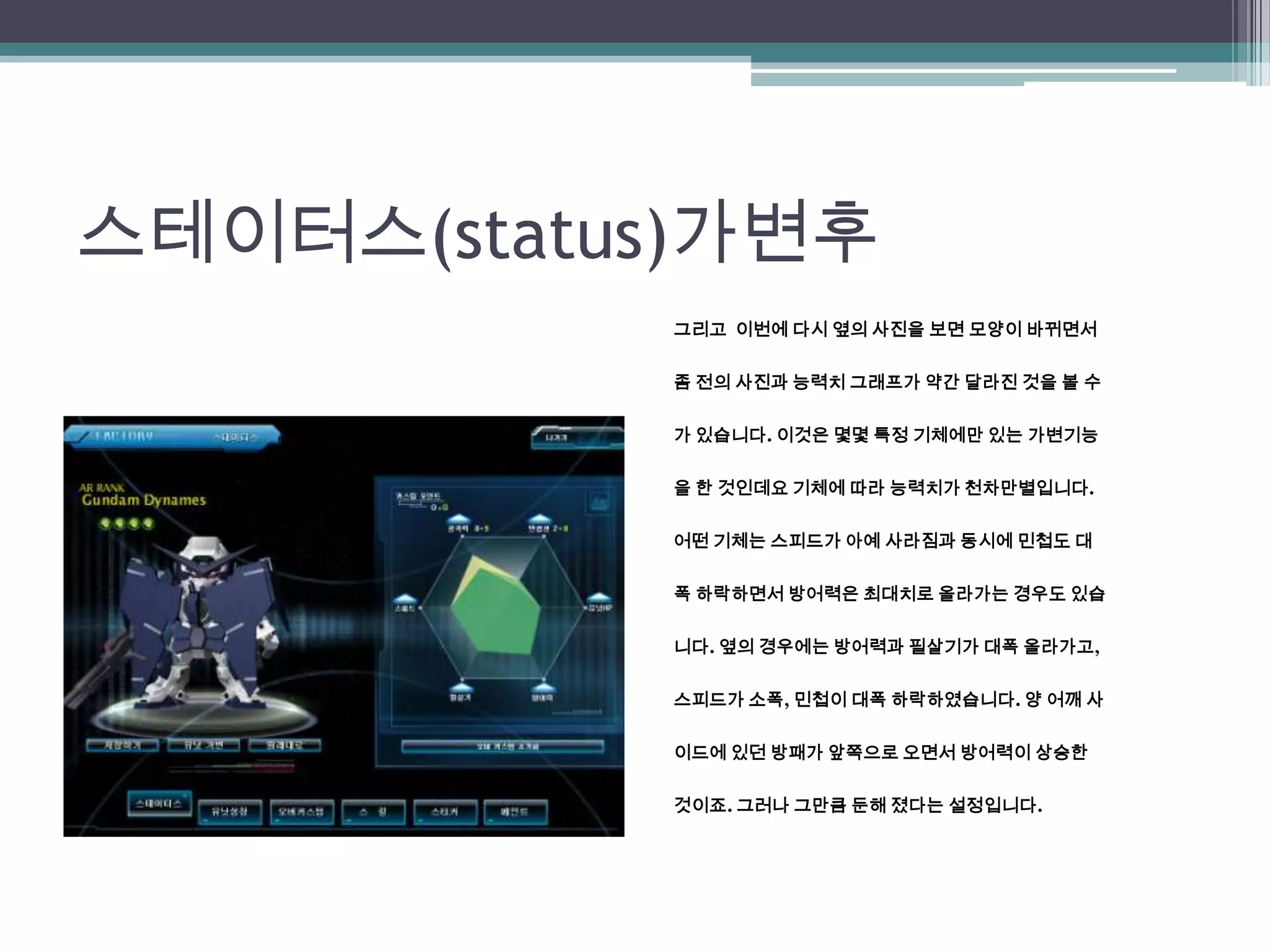 스테이터스(status)가변후그리고  이번에 다시 옆의 사진을 보면 모양이 바뀌면서 좀 전의 사진과 능력치 그래프가 약간 달라진 것을 볼 수가 있습니다. 이것은 몇몇 특정 기체에만 있는 가변기능을 한 것인데요 기체에 따라 능력치가 천차만별입니다.어떤 기체는 스피드가 아예 사라짐과 동시에 민첩도 대폭 하락하면서 방어력은 최대치로 올라가는 경우도 있습니다. 옆의 경우에는 방어력과 필살기가 대폭 올라가고, 스피드가 소폭, 민첩이 대폭 하락하였습니다. 양 어깨 사이드에있던 방패가 앞쪽으로 오면서 방어력이 상승한 것이죠. 그러나 그만큼 둔해 졌다는 설정입니다.